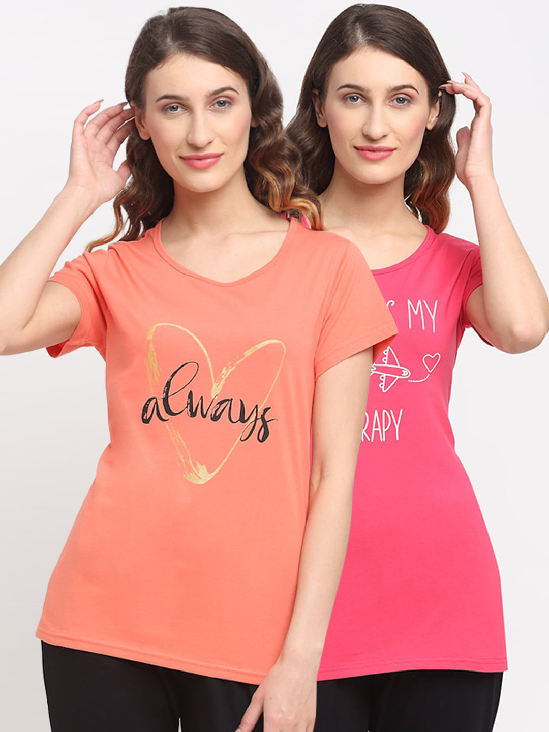 

Kanvin Women Pack Of 2 Printed Lounge T-Shirts, Pink
