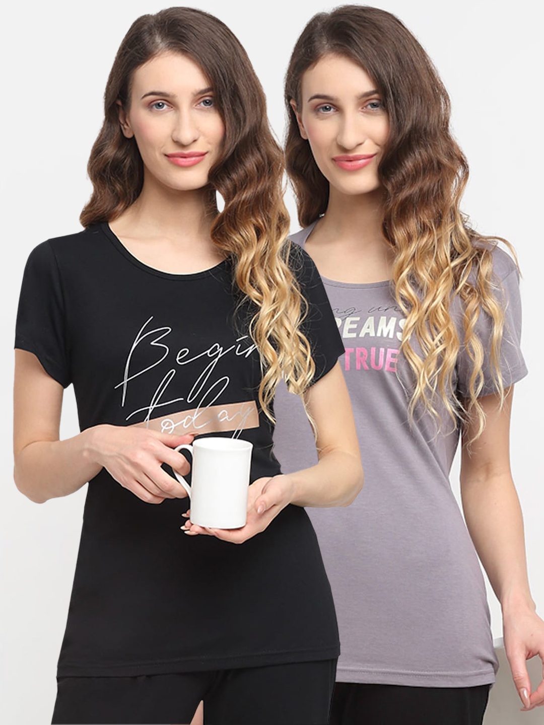 

Kanvin Women Pack Of 2 Printed Lounge T-Shirts, Grey