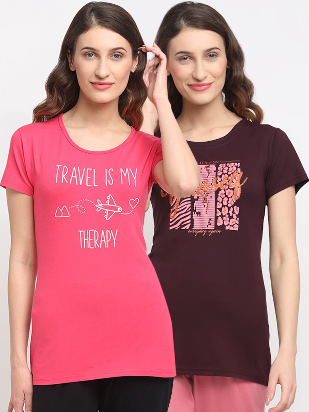 

Kanvin Women Pack Of 2 Printed Lounge T-Shirts, Pink