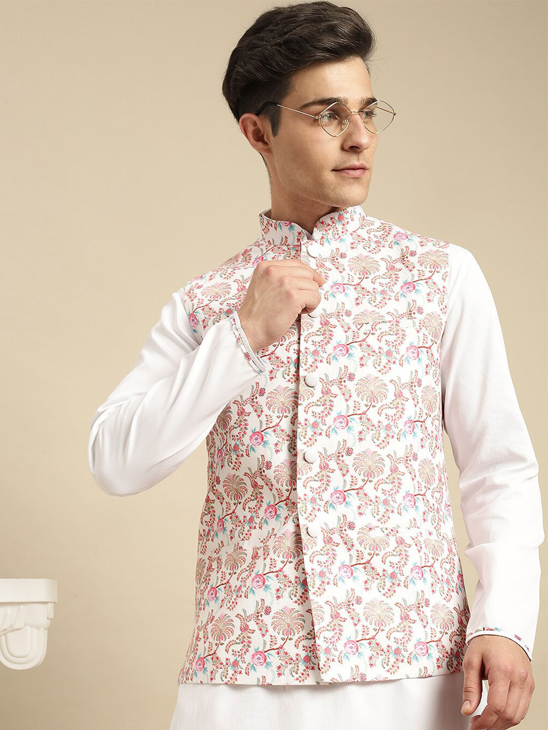 

Sanwara Men White & Pink Printed Silk Nehru Jackets