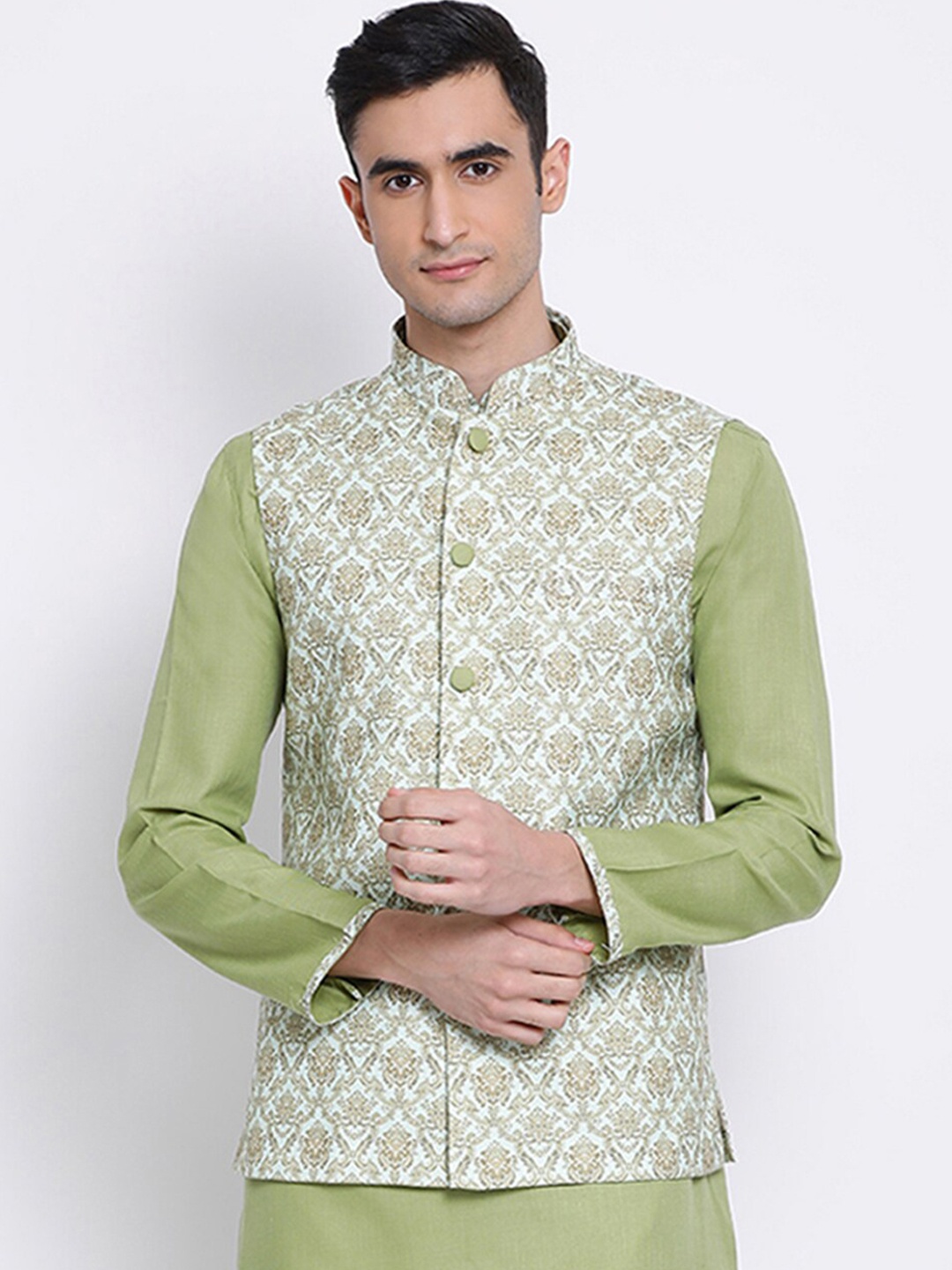 

Sanwara Men Green & Gold-Colored Printed Woven Nehru Jacket