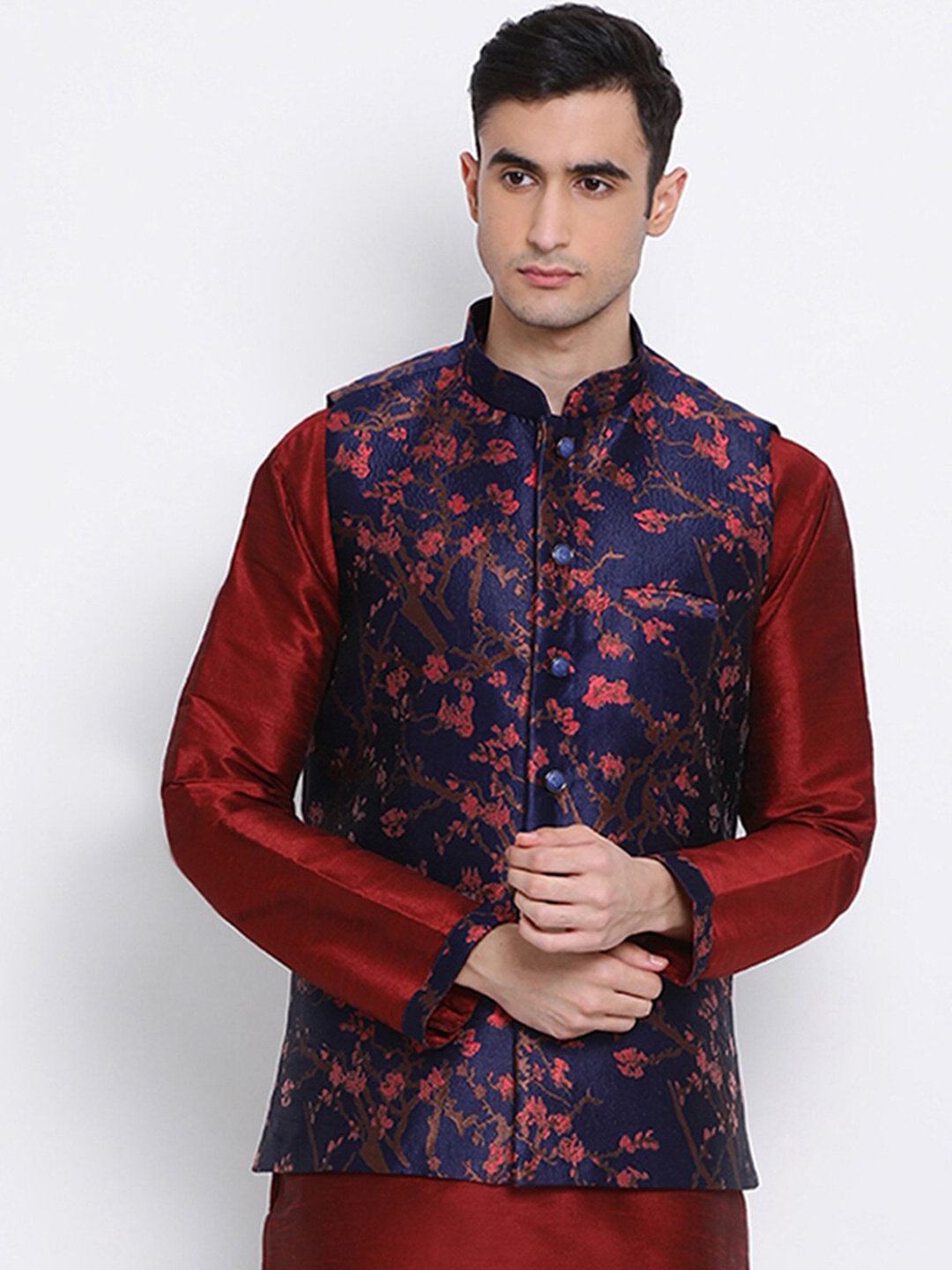 

Sanwara Men Blue Printed Art Silk Nehru Jackets