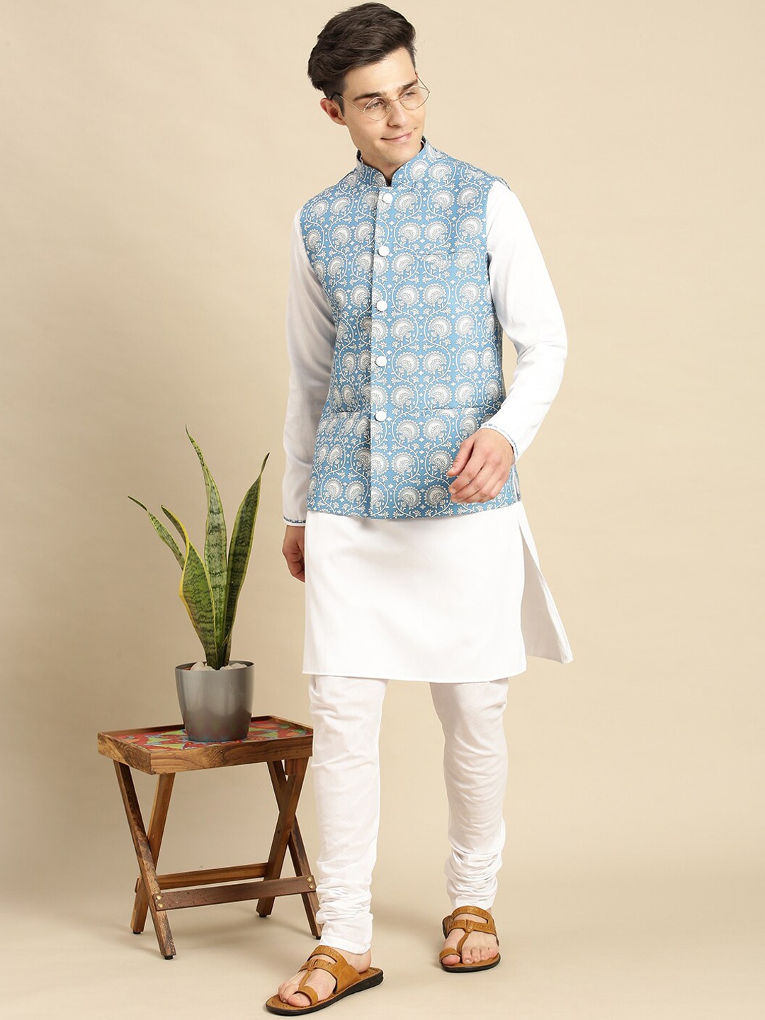 

Sanwara Men Blue Woven Design Nehru Jacket