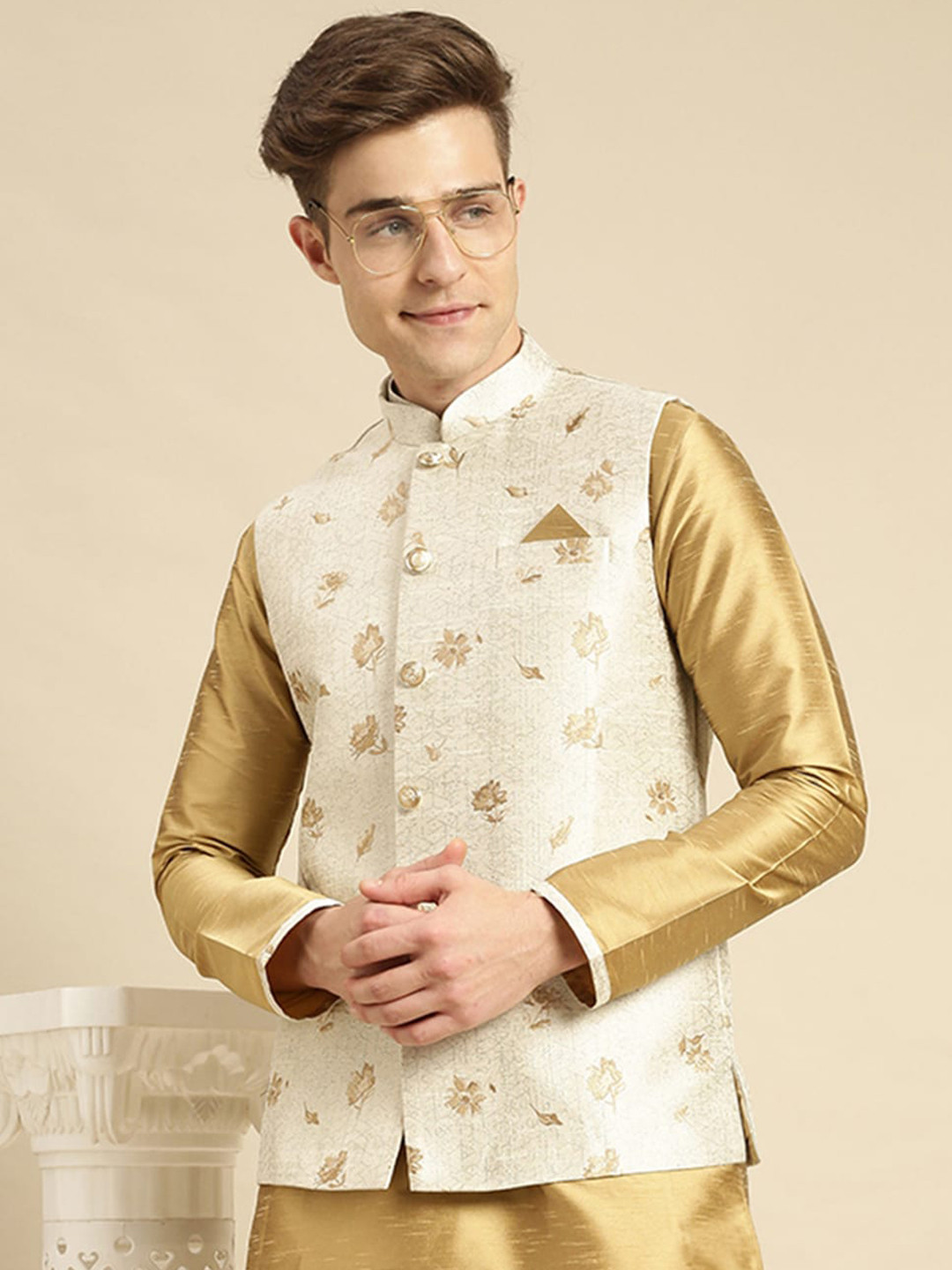 

Sanwara Men Beige Printed Woven Nehru Jackets