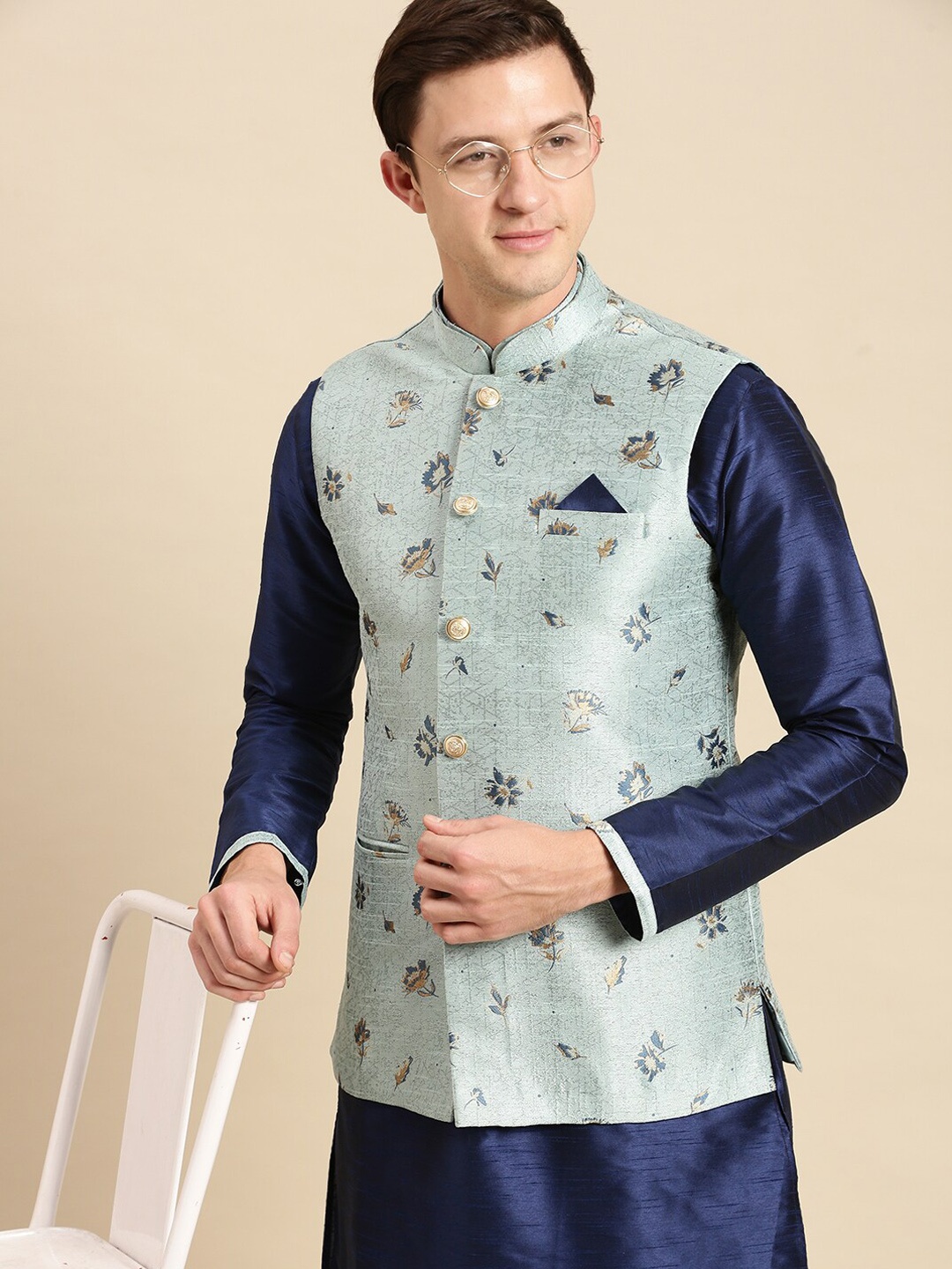 

Sanwara Men Green & Blue Printed Silk Nehru Jackets