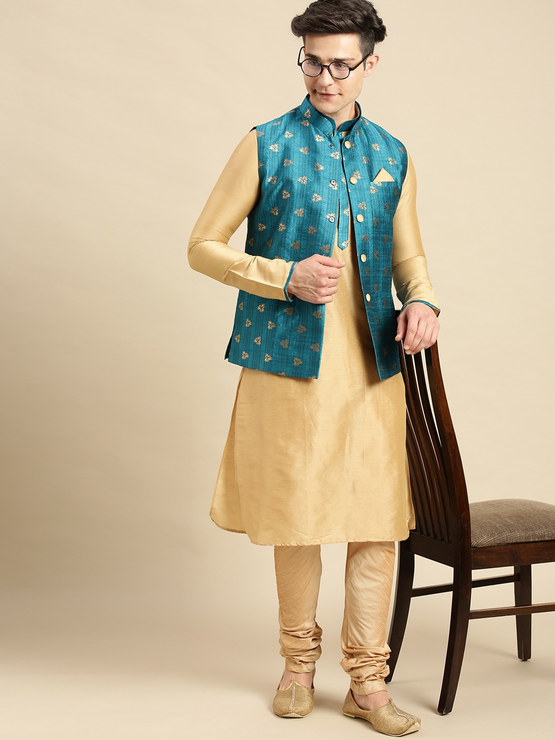 

Sanwara Men Green & Beige Printed Woven Nehru Jackets