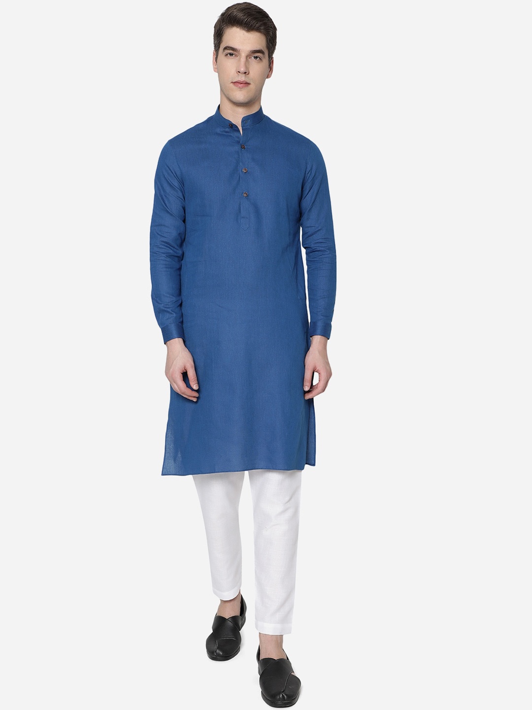 

JADE BLUE Men Blue Solid Mandarin Collar 100% Cotton Straight Kurta