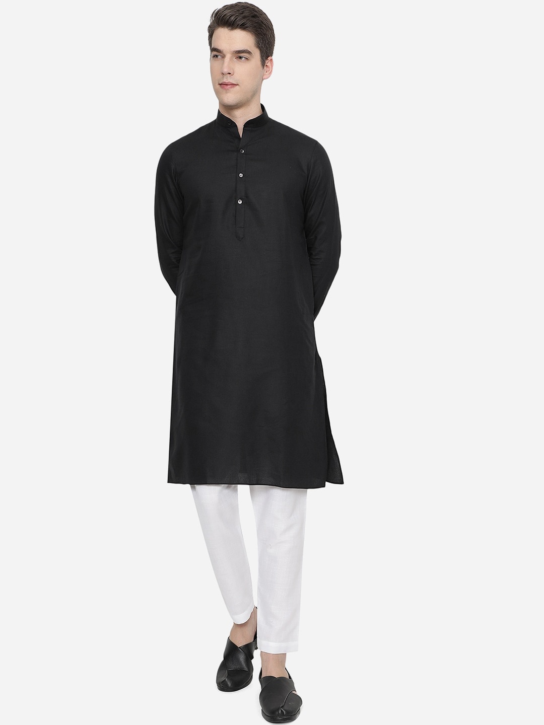

JADE BLUE Men Black Solid Pure Cotton A-line Kurta