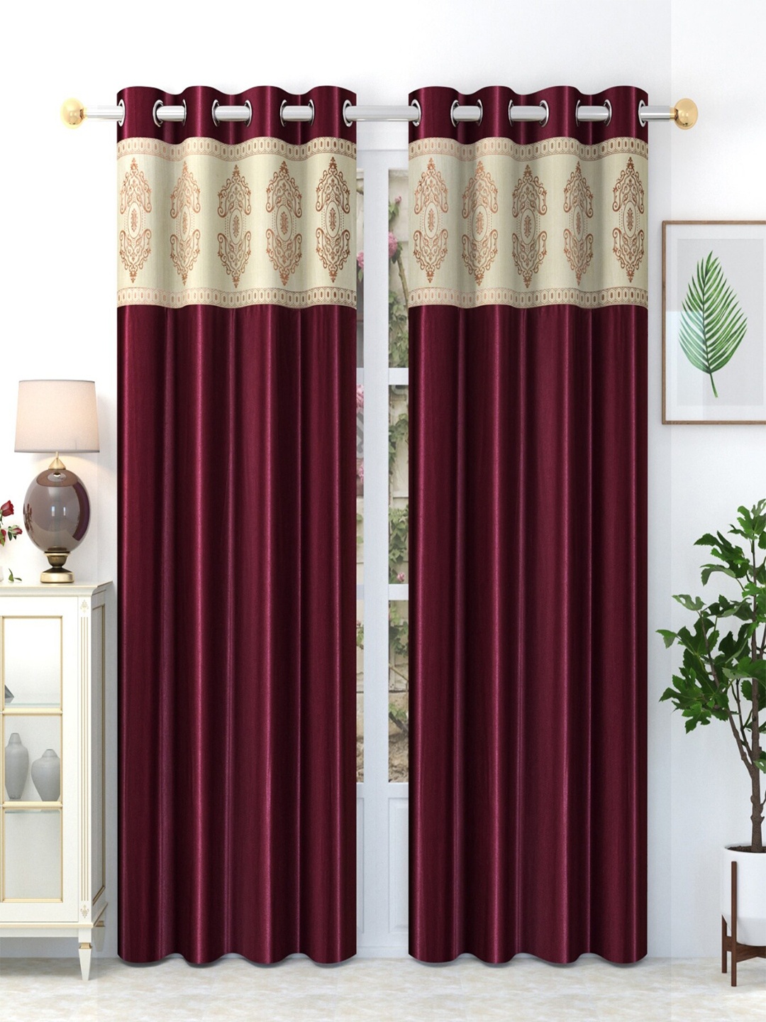 

Homefab India Set of 2 Burgundy & Cream-Coloured Long Door Curtain