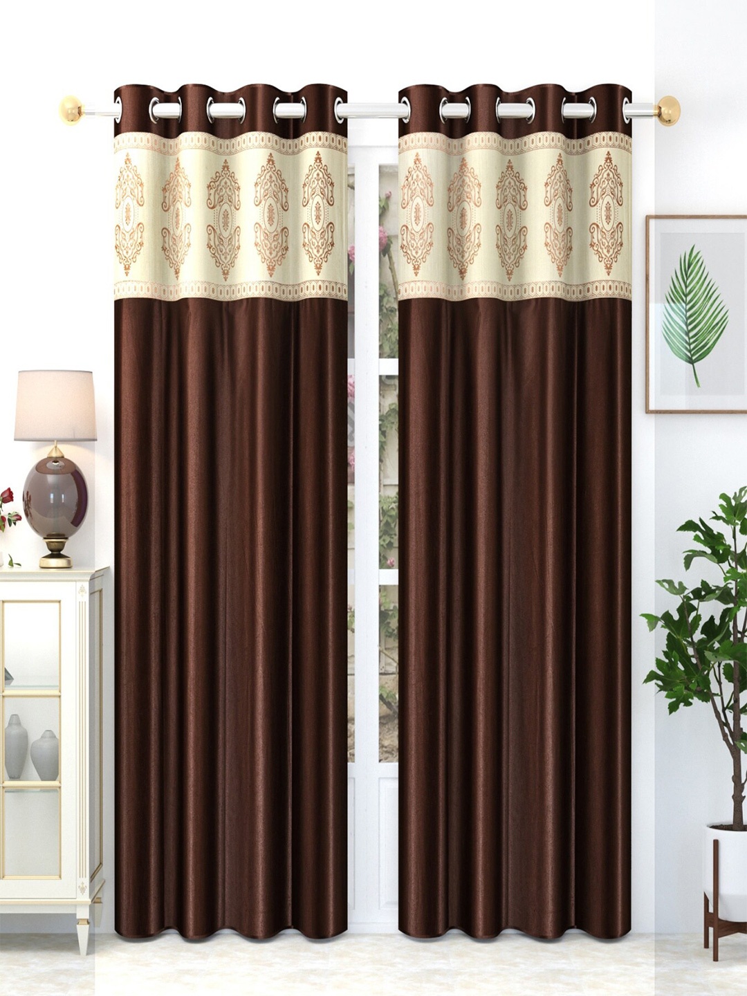

Homefab India Coffee Brown & Cream-Coloured Set of 2 Long Door Curtain