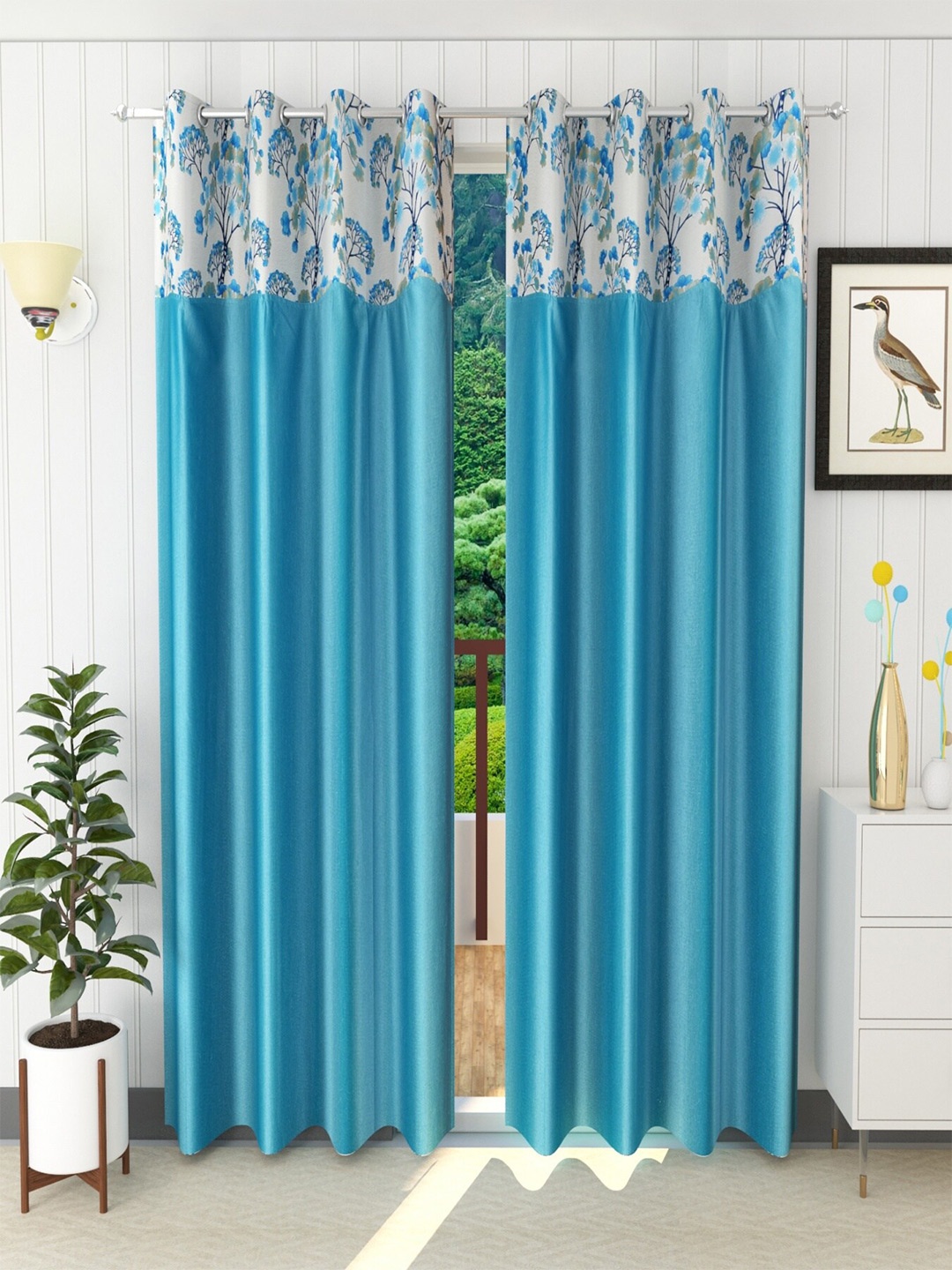 

Homefab India Set of 2 Turquoise Blue & White Floral Eyelet Door Curtain