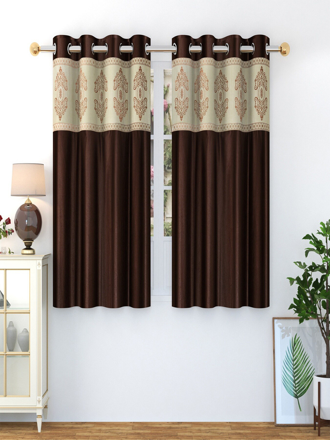 

Homefab India Coffee Brown & Cream-Coloured Set of 2 Window Curtain