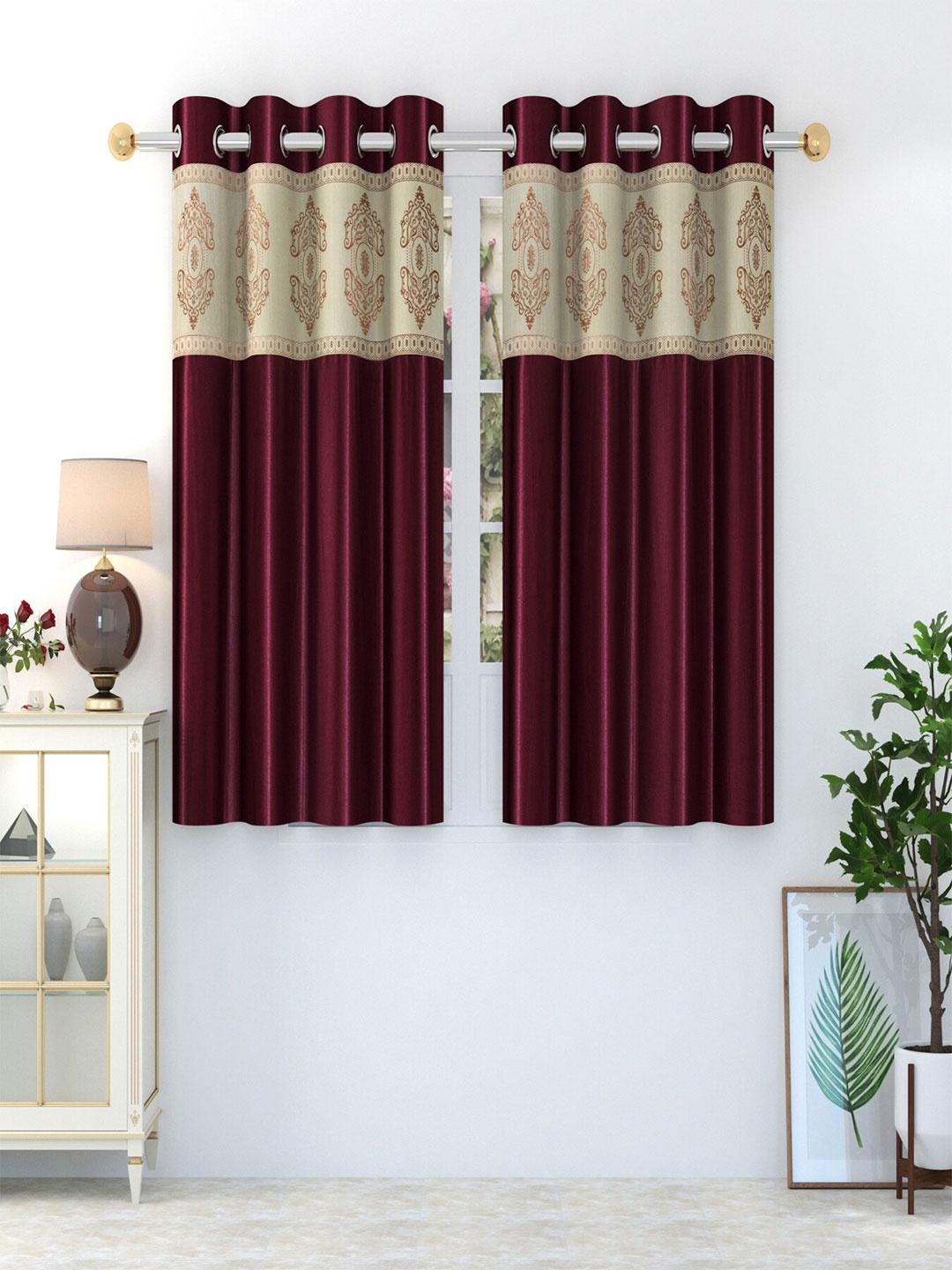 

Homefab India Set Of 2 Burgundy & Cream-Coloured Window Curtains