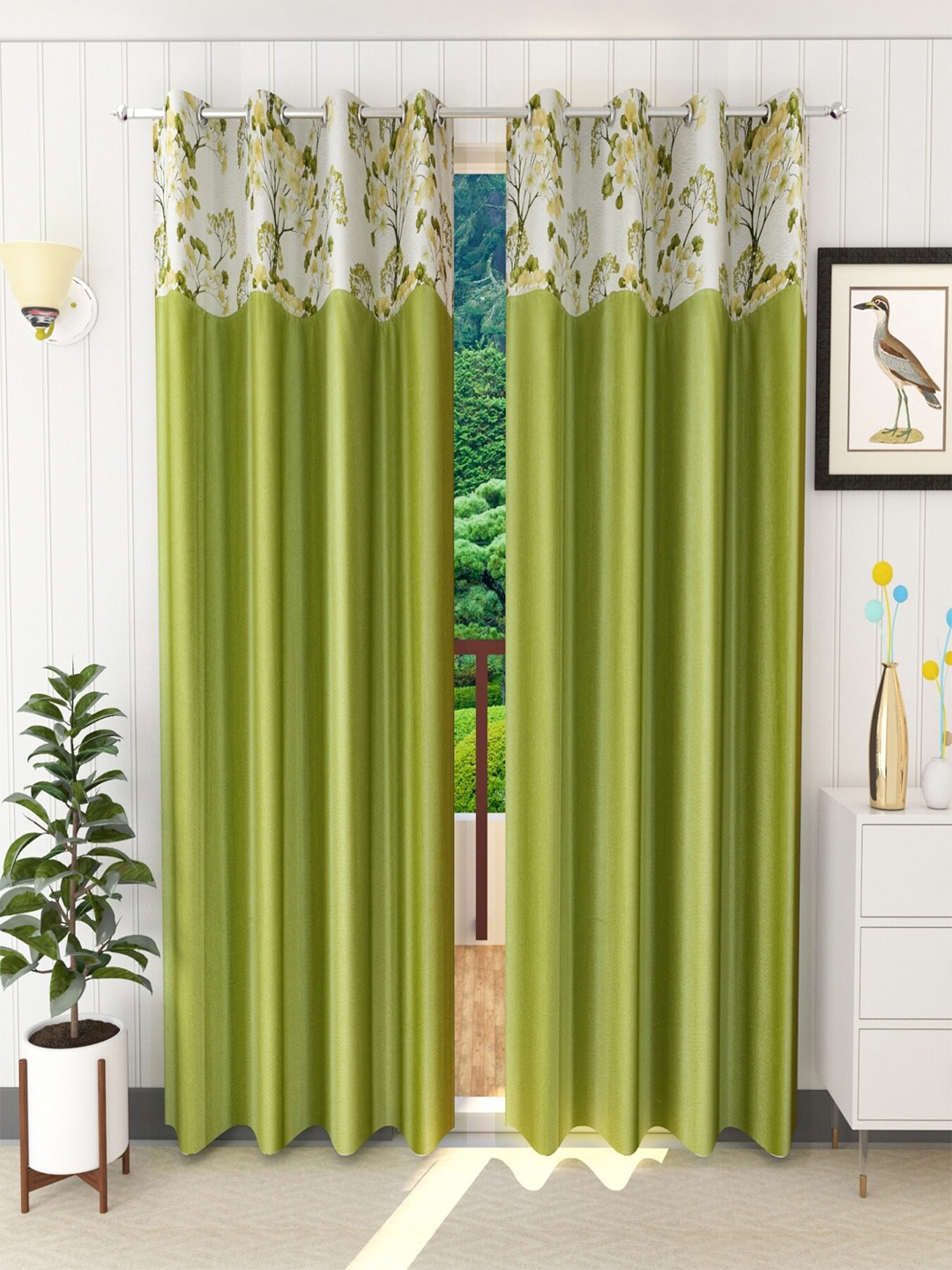 

Homefab India Green & White Set of 2 Floral Long Door Curtains