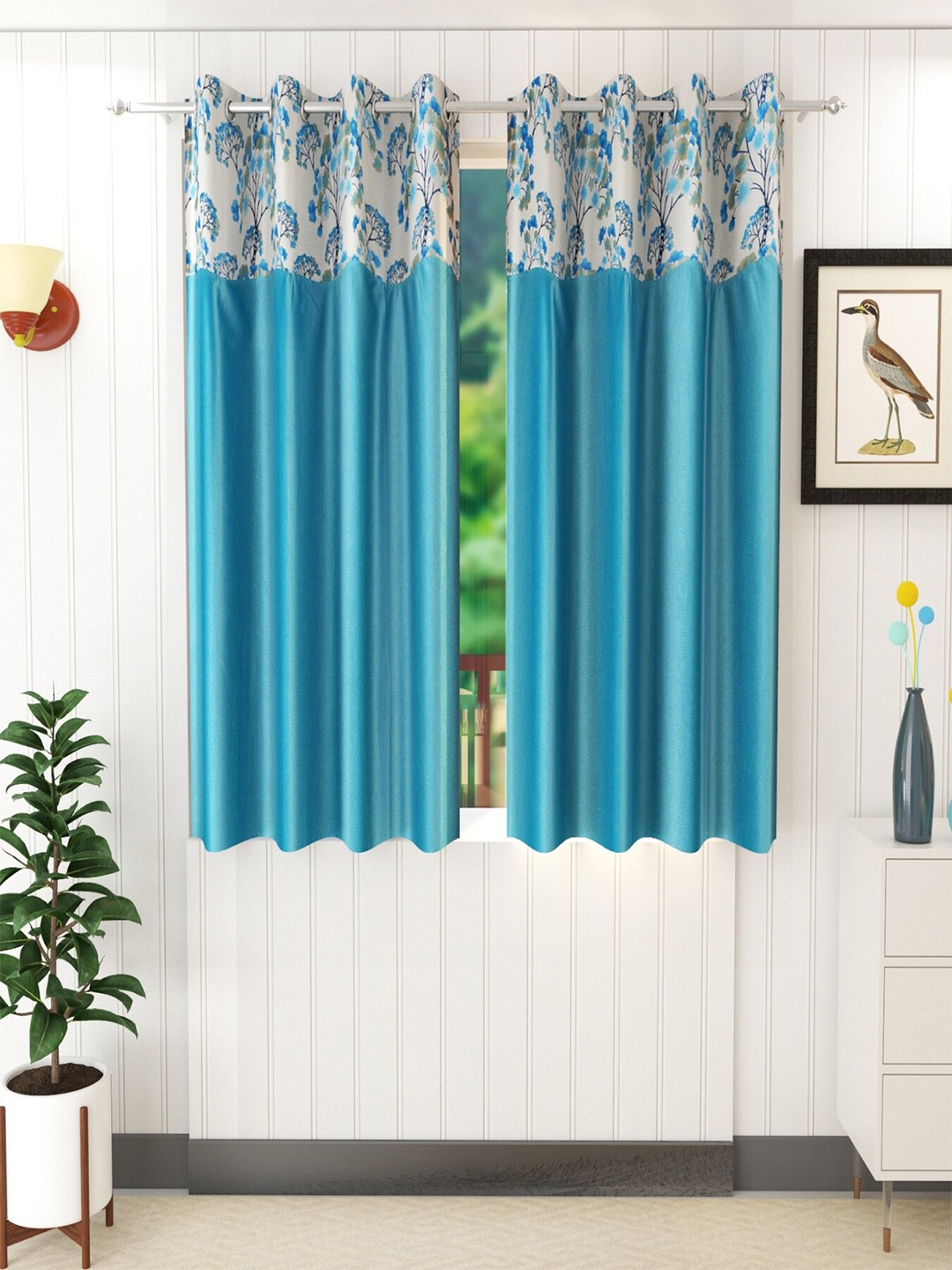 

Homefab India Turquoise Blue & White Set of 2 Floral Window Curtains