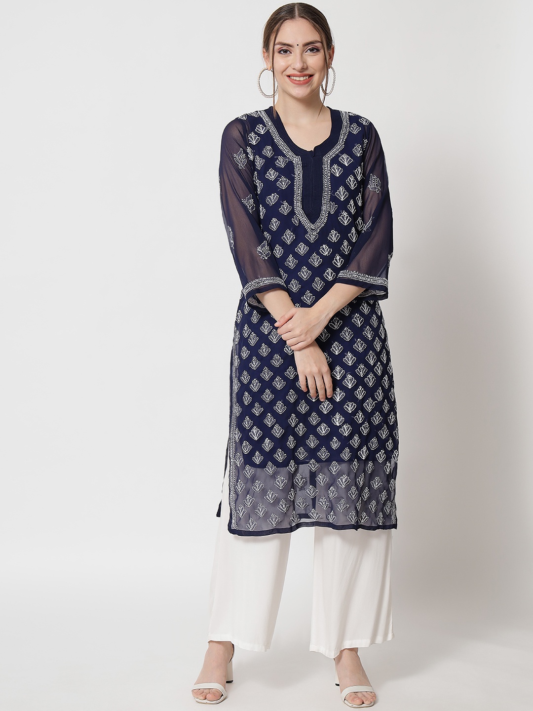 

PARAMOUNT CHIKAN Women Navy Blue Chikankari Georgette Frill Sleeves Straight Layered Kurta