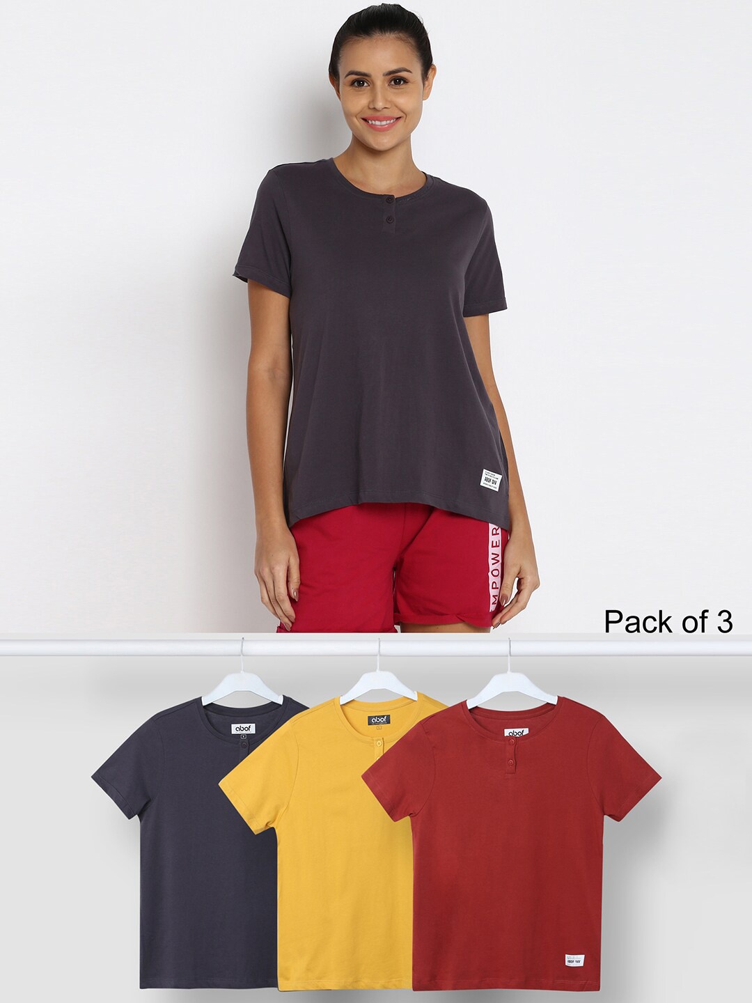 

abof Women Grey & Yellow Pack Of 3 Cotton T-shirt