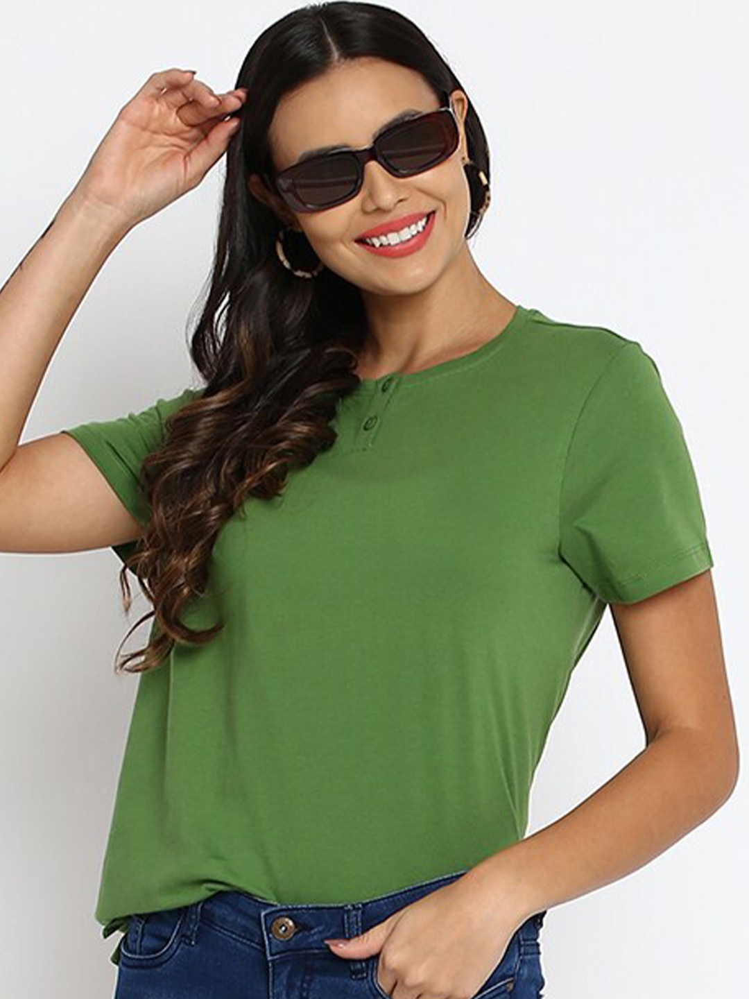 

abof Women Set Of 5 Green & Grey Henley Neck Cotton T-shirt