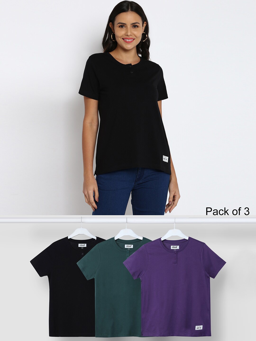 

abof Women Black & Blue Set of 3 Solid Regular Fit Cotton T Shirt