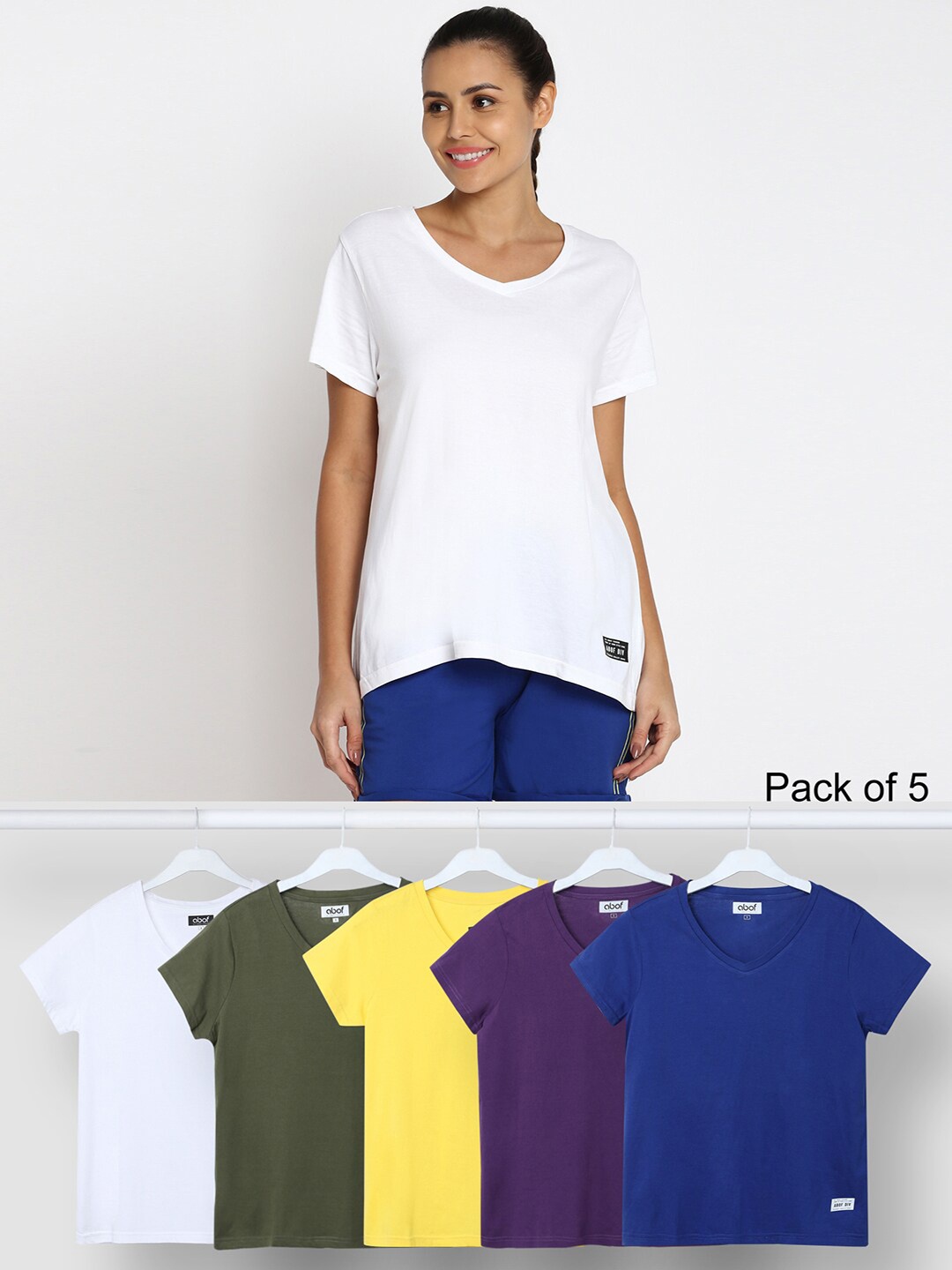 

abof Pack of 5 Women White & Purple Cotton T-shirt