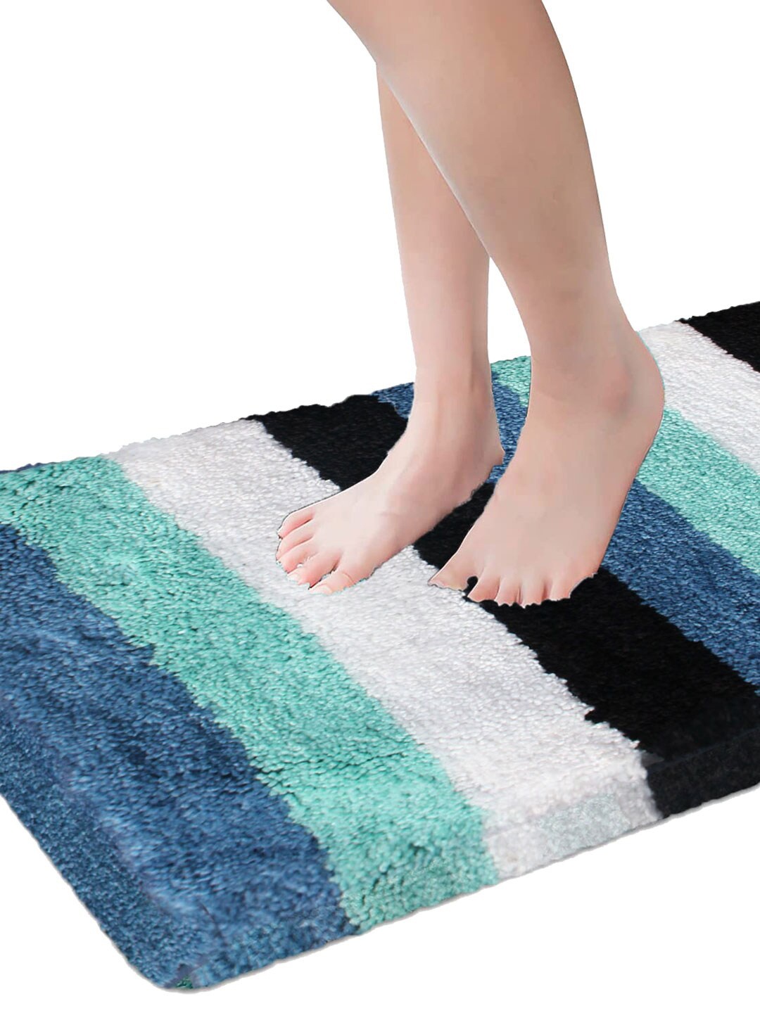 

LUXEHOME INTERNATIONAL Turquoise Blue Striped Microfibre Bath Rug