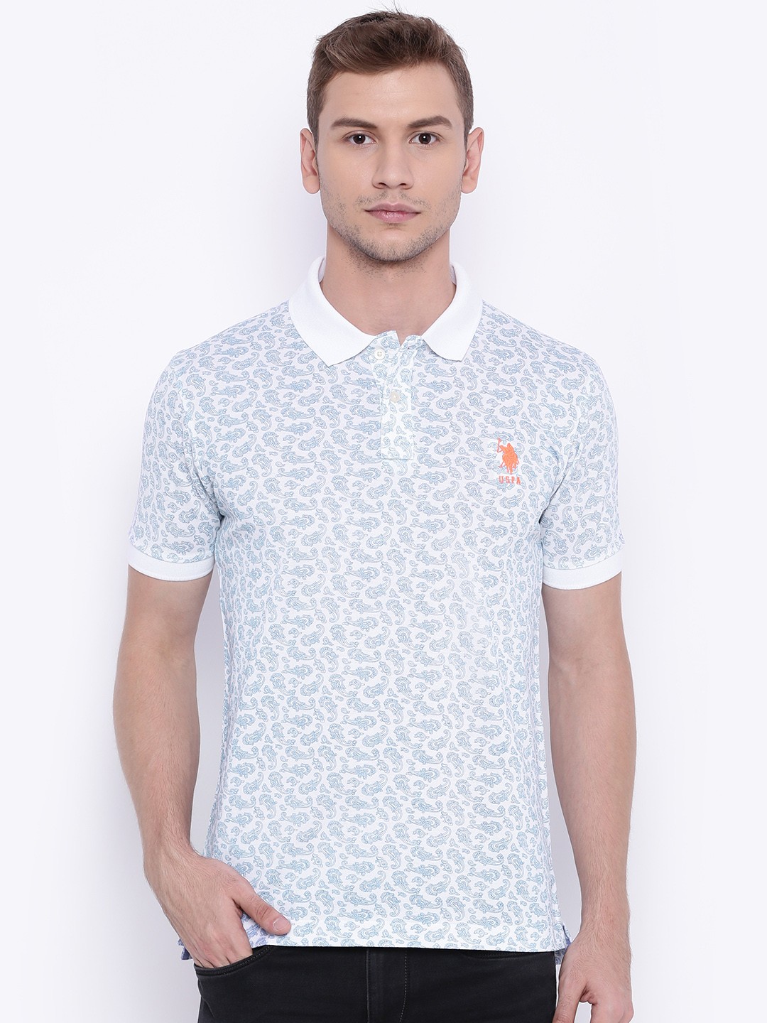 

U.S. Polo Assn. Men White Blue Printed Polo Pure Cotton T-shirt