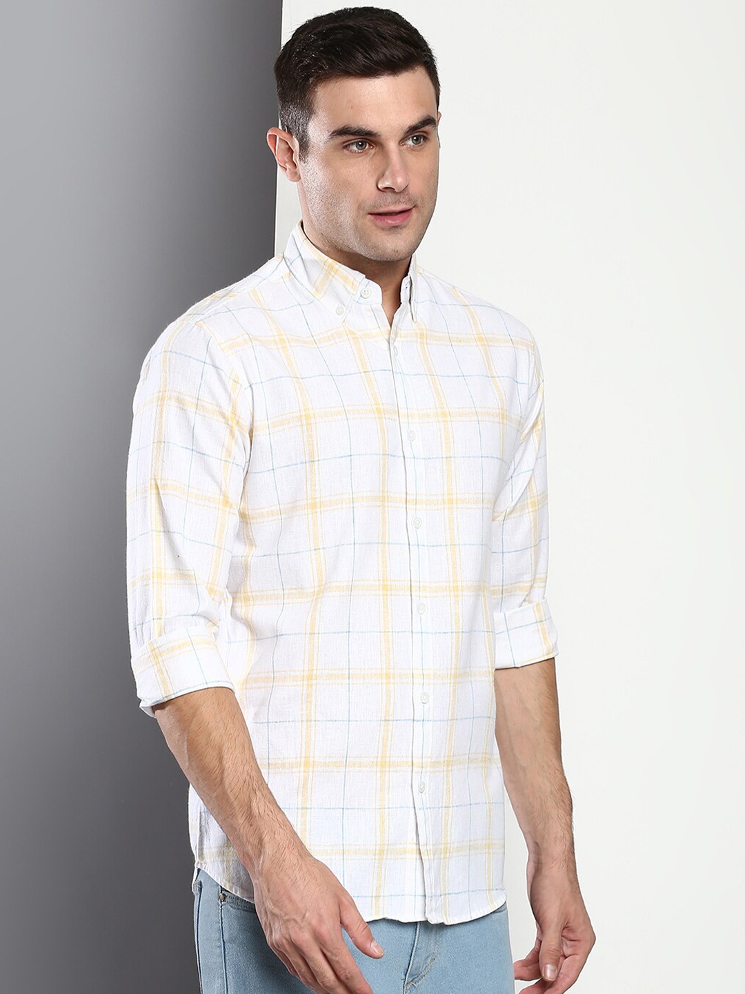

Dennis Lingo Men White Slim Fit Windowpane Checked Cotton Casual Shirt