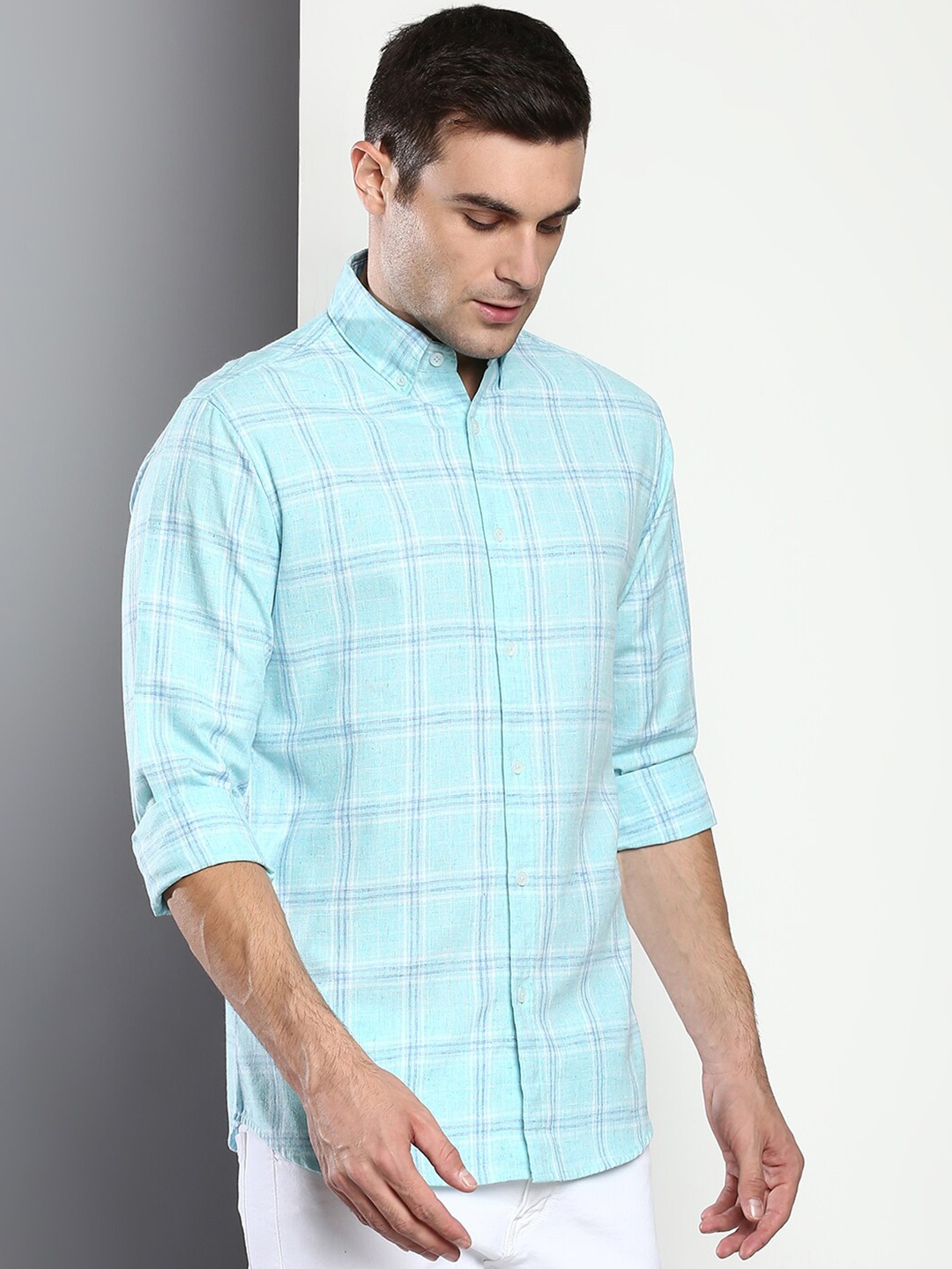 

Dennis Lingo Men Comfort Slim Fit Windowpane Checks Checked Casual Shirt, Teal