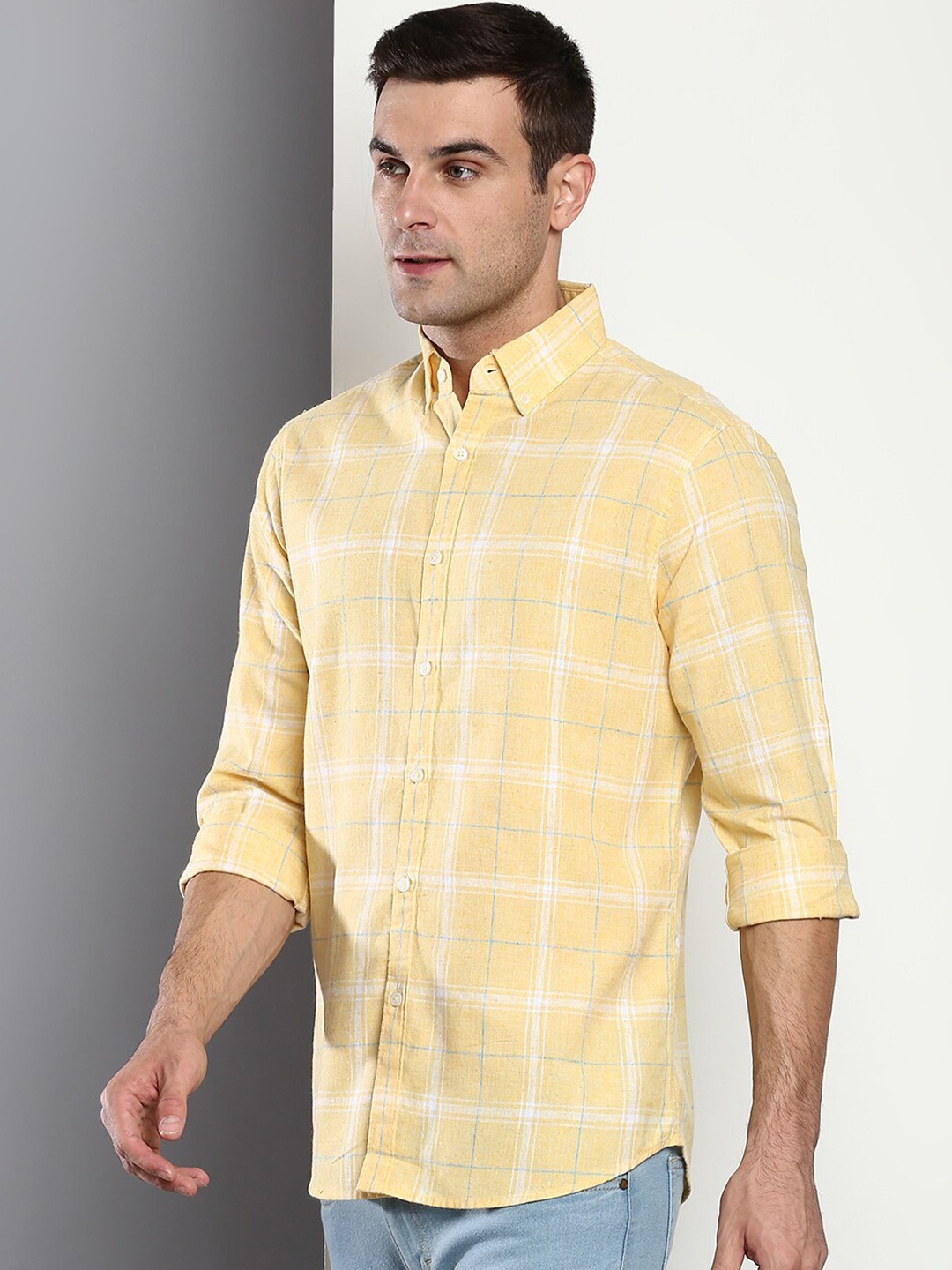 

Dennis Lingo Men Yellow Slim Fit Tartan Checks Checked Casual Shirt