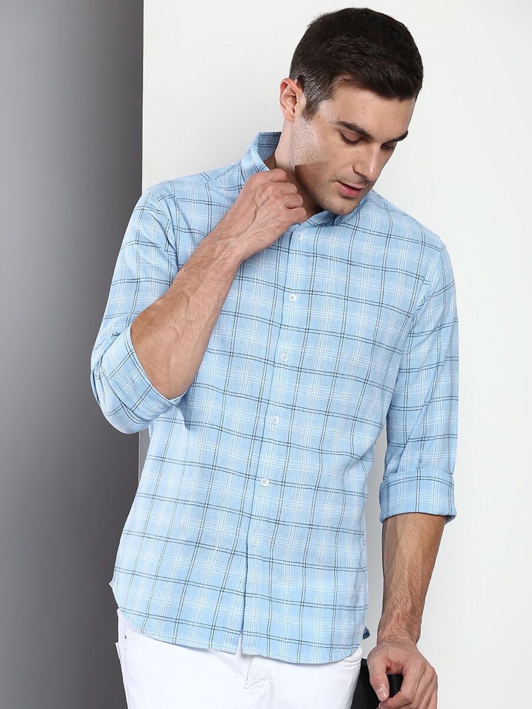 

Dennis Lingo Men Blue Slim Fit Windowpane Checked Cotton Linen Casual Shirt