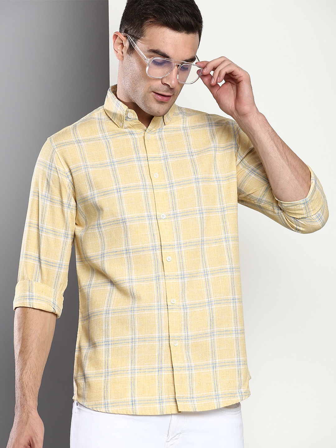 

Dennis Lingo Men Yellow & Blue Slim Fit Windowpane Checks Checked Casual Shirt