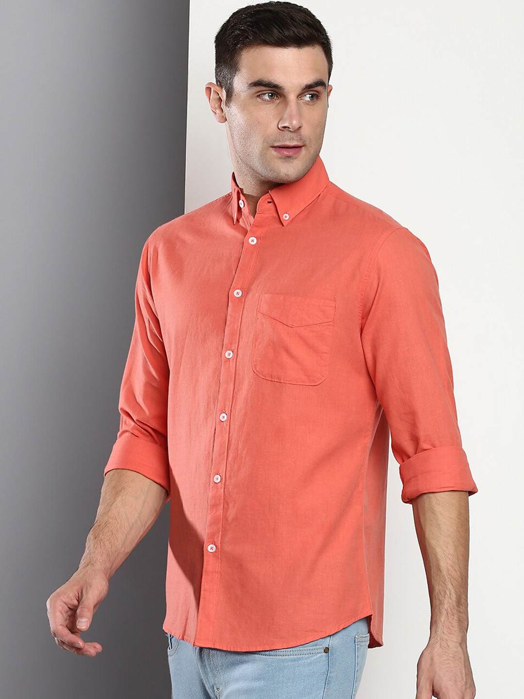 

Dennis Lingo Men Peach-Coloured Slim Fit Casual Shirt