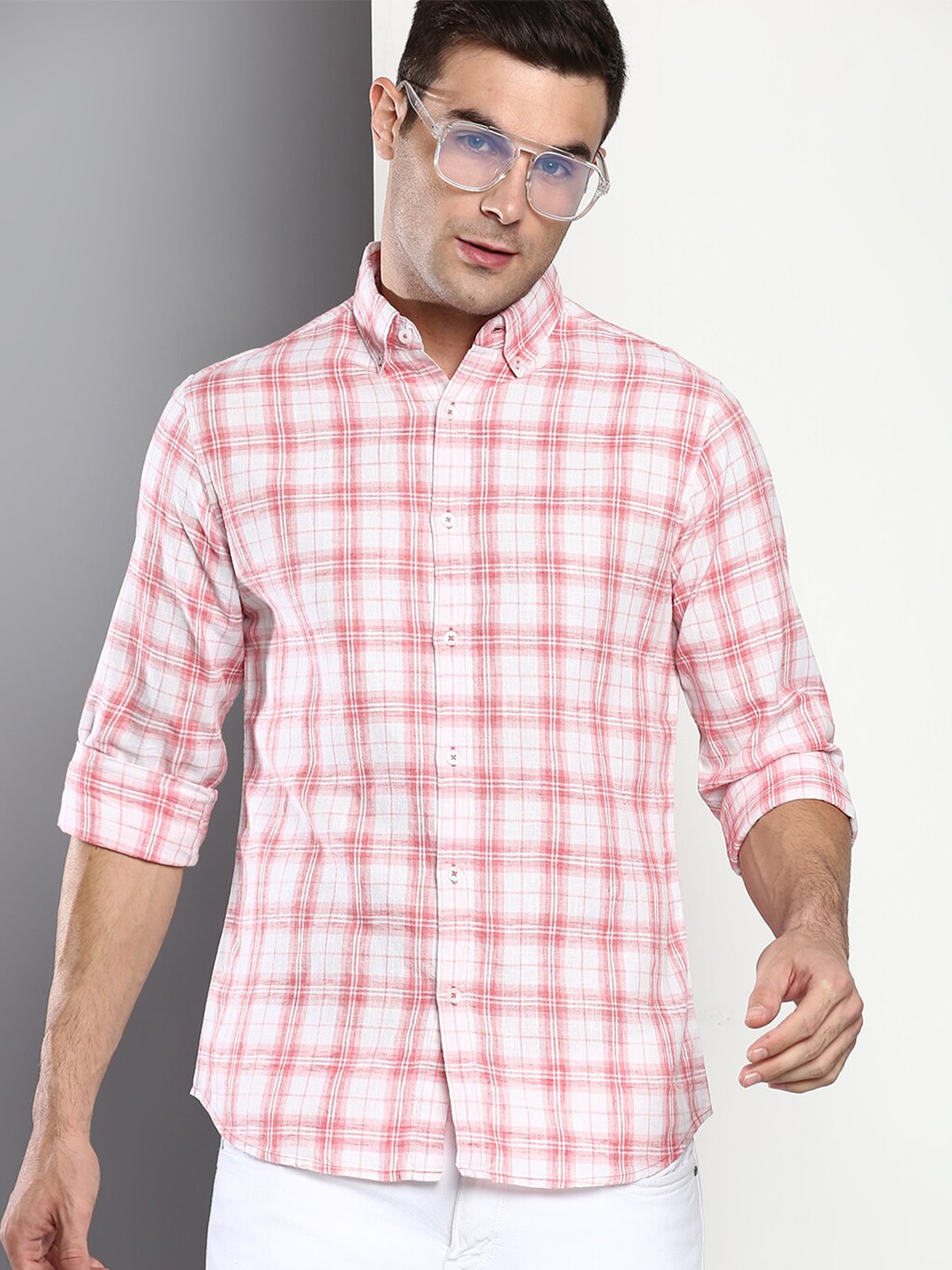 

Dennis Lingo Men Pink Slim Fit Tartan Checked Cotton Casual Shirt