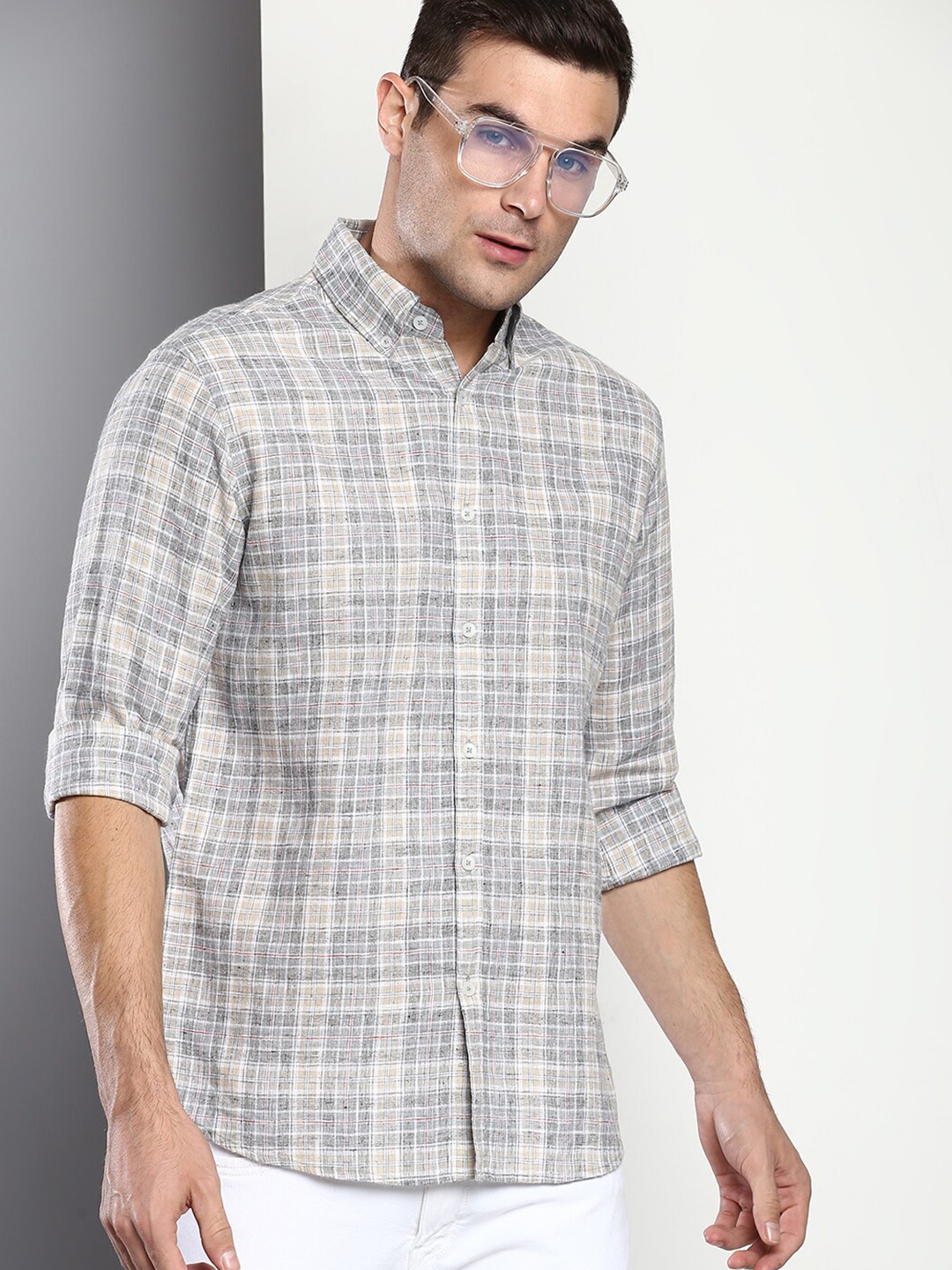 

Dennis Lingo Men Grey Slim Fit Tartan Checks Checked Casual Shirt