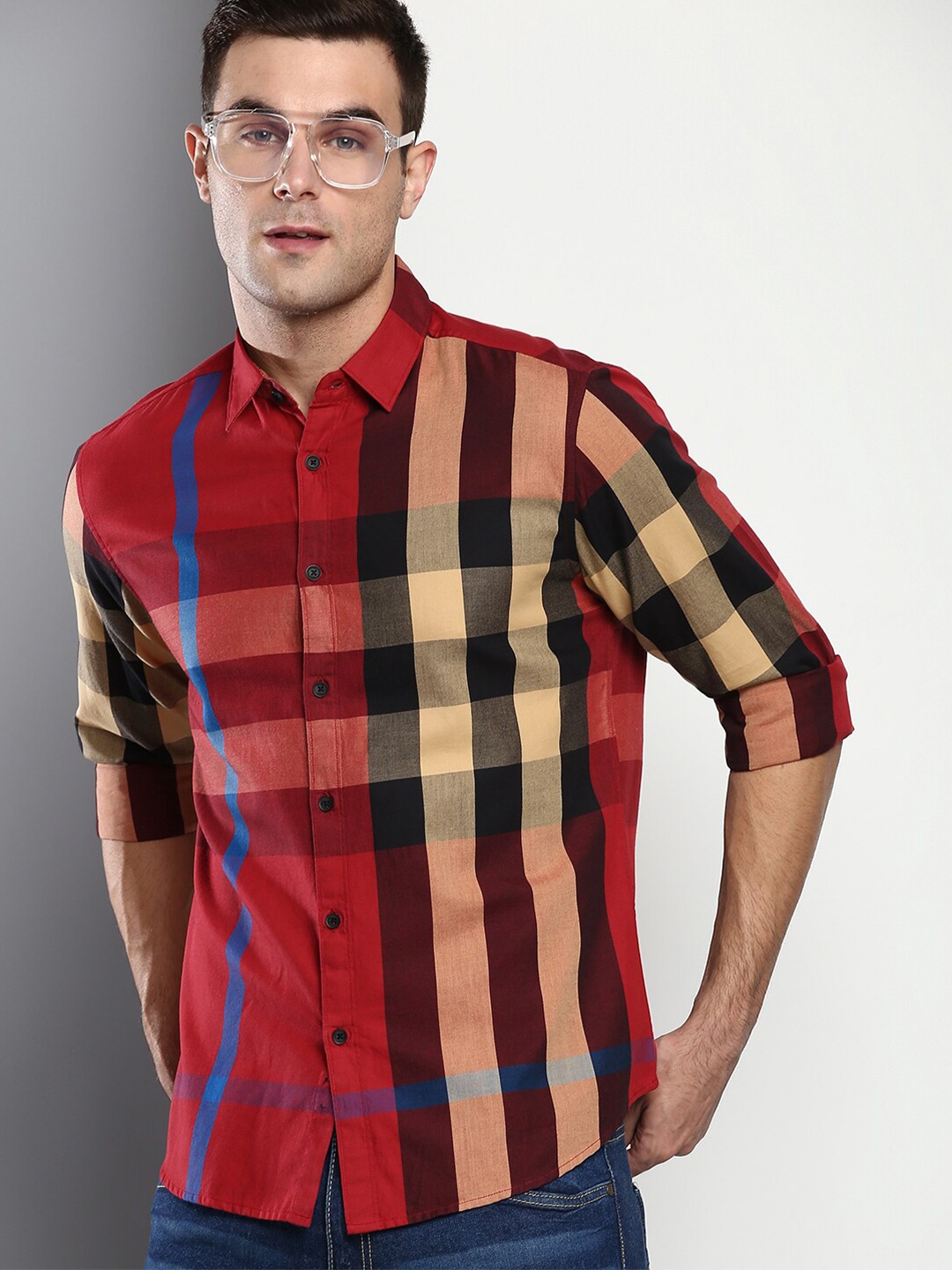 

Dennis Lingo Men Red Slim Fit Checked Pure Cotton Casual Shirt