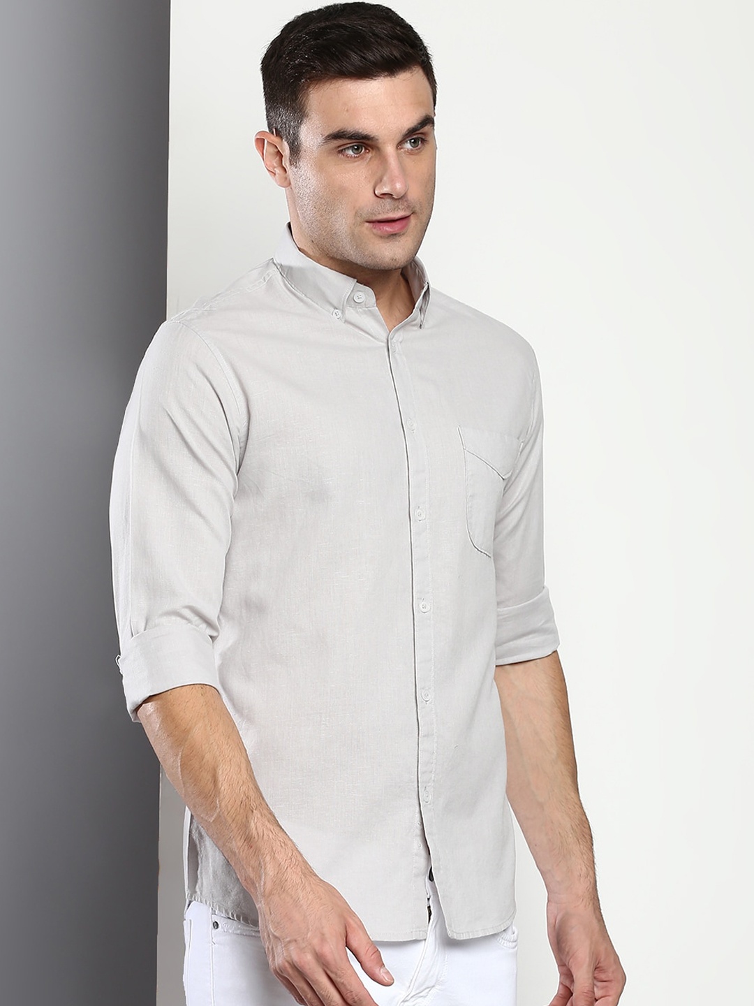 

Dennis Lingo Men Grey Slim Fit Cotton Linen Casual Shirt
