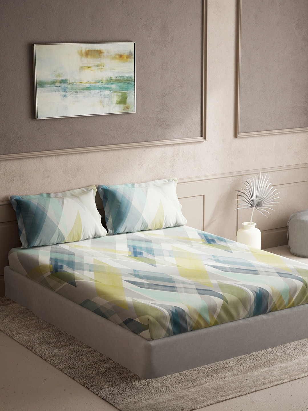 

DDecor White & Blue 144 TC Cotton King Bedsheet with 2 Pillow Covers