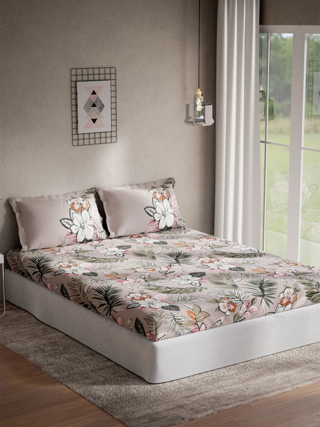 

DDecor Pink & White Floral 144 TC Cotton King Bedsheet with 2 Pillow Covers