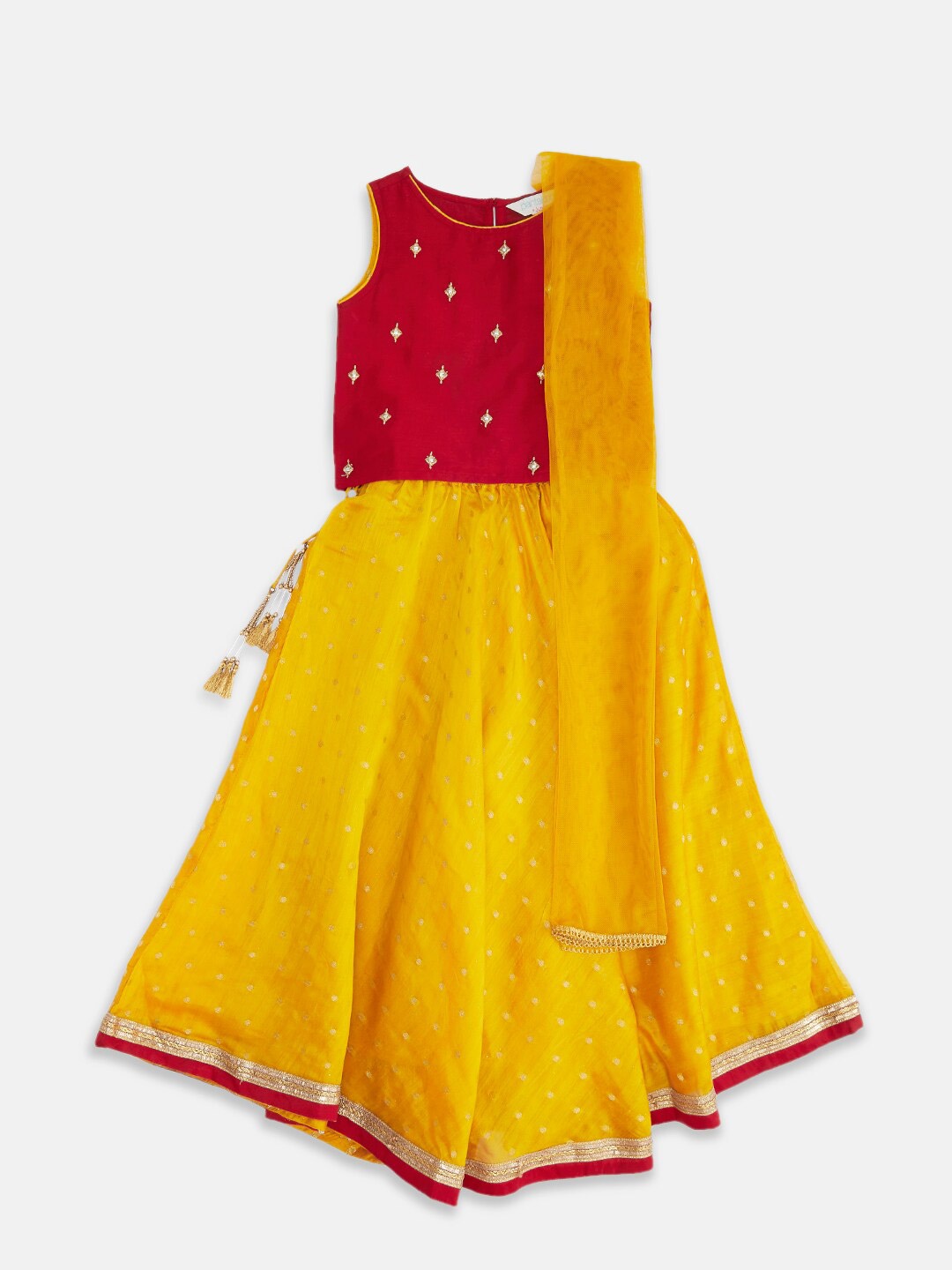

AKKRITI BY PANTALOONS Girls Red & Yellow Ready to Wear Lehenga & Blouse Dupatta