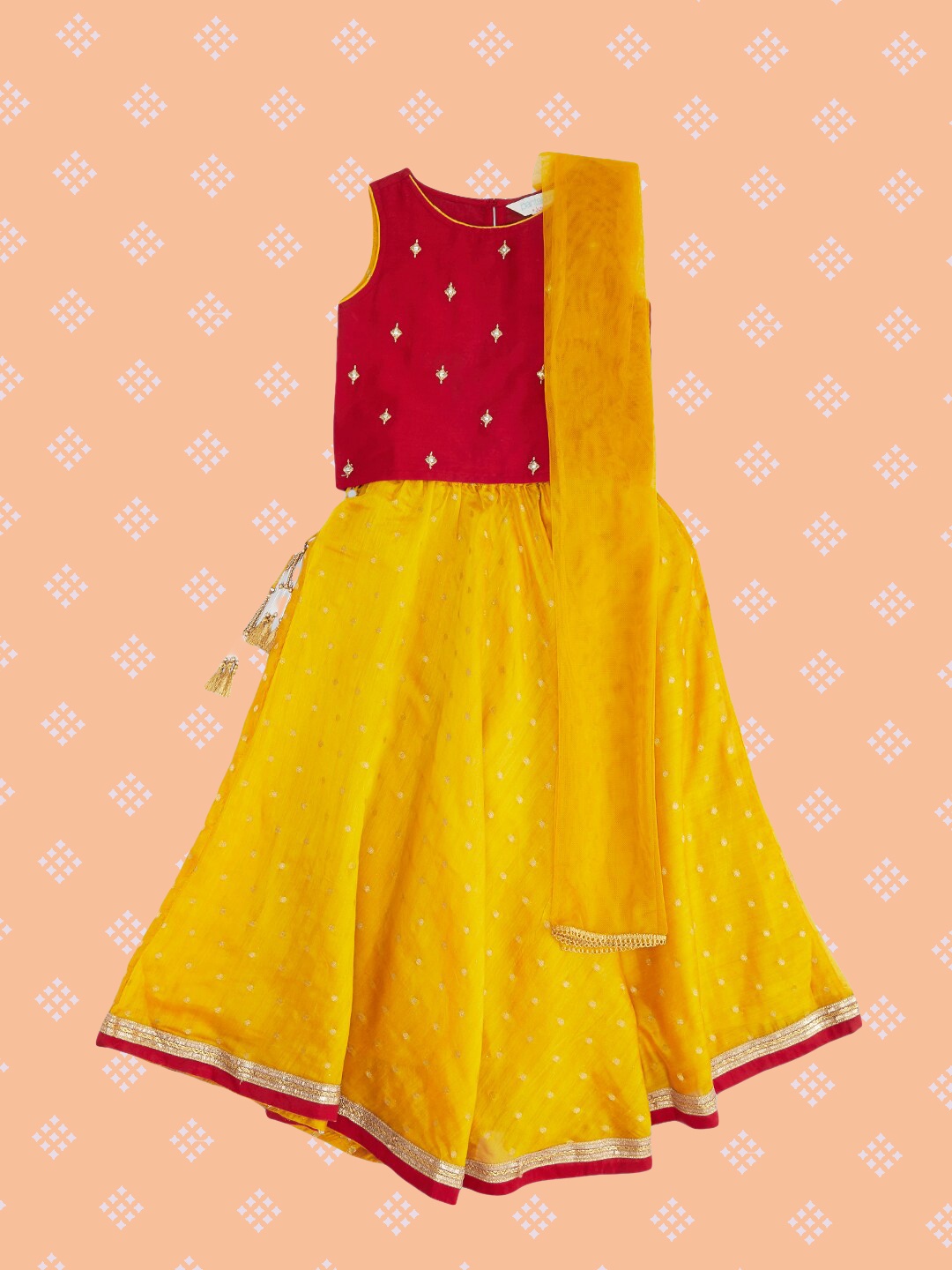 

AKKRITI BY PANTALOONS Girls Red & Yellow Embroidered Ready to Wear Lehenga & Blouse With Dupatta