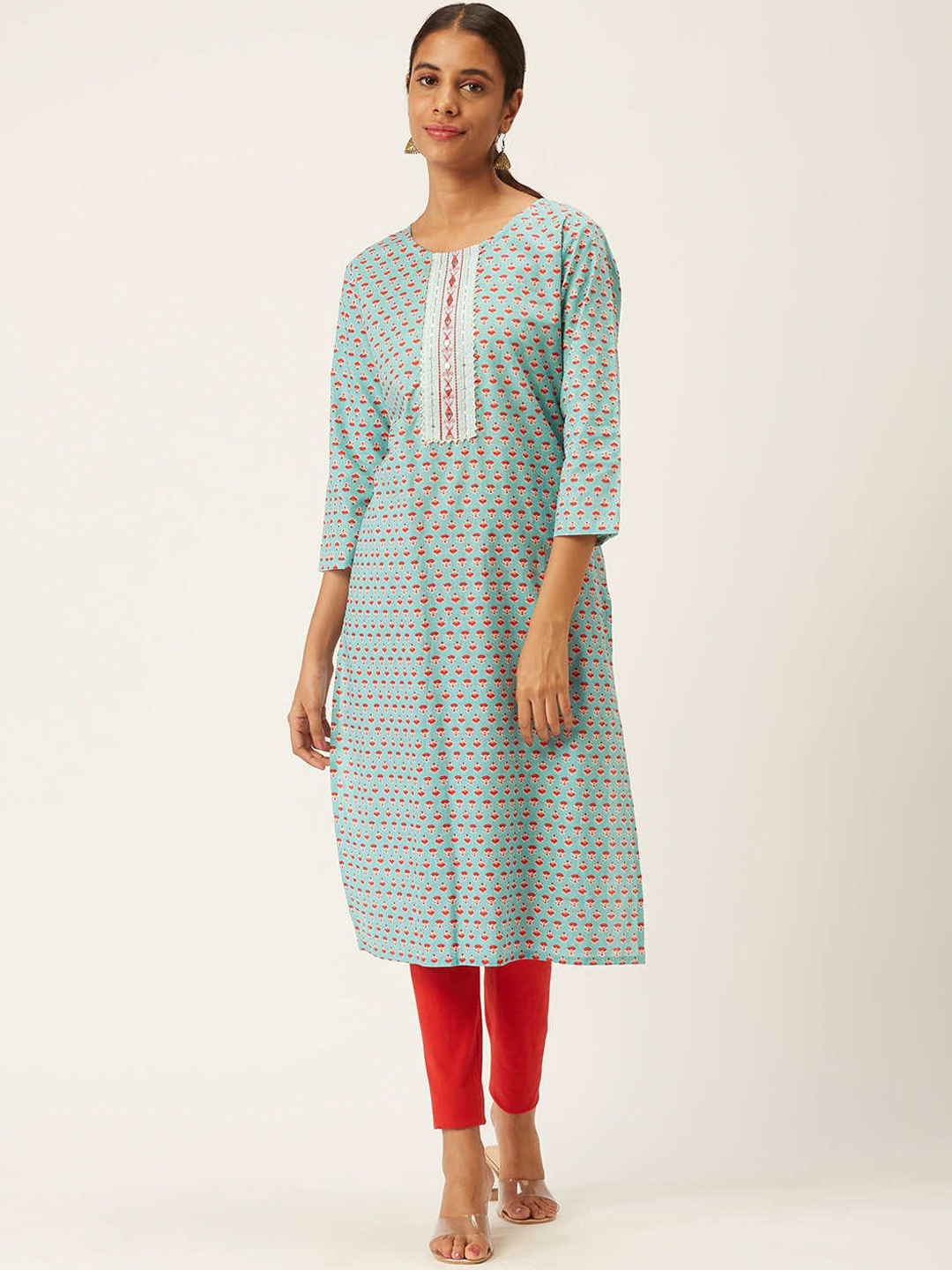 

ZOLA Women Blue Geometric Embroidered Keyhole Neck Gotta Patti Anarkali Kurta