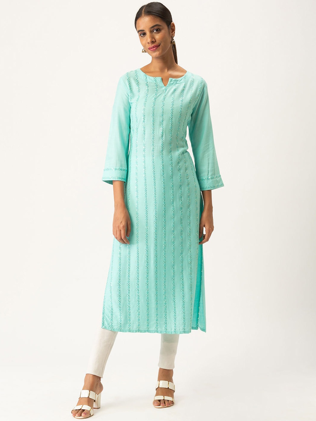 

ZOLA Women Turquoise Blue Embroidered Pastels Kurta