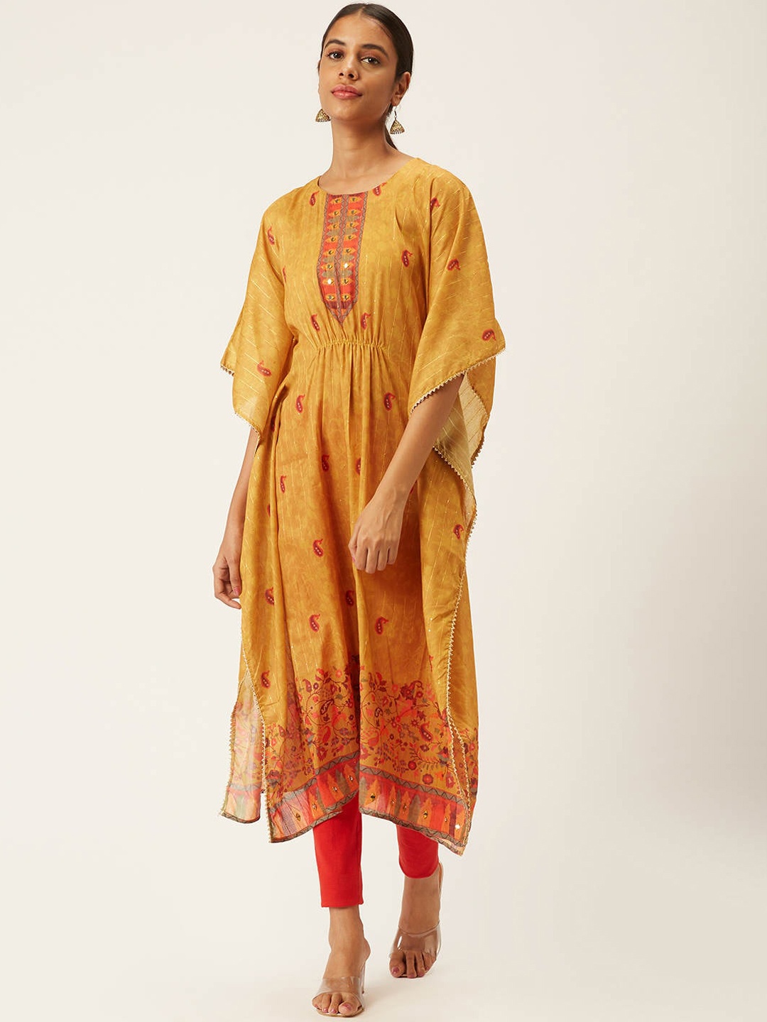 

ZOLA Women Mustard Yellow & Red Ethnic Motifs Printed Flared Sleeves Mirror Work Kaftan Kurta