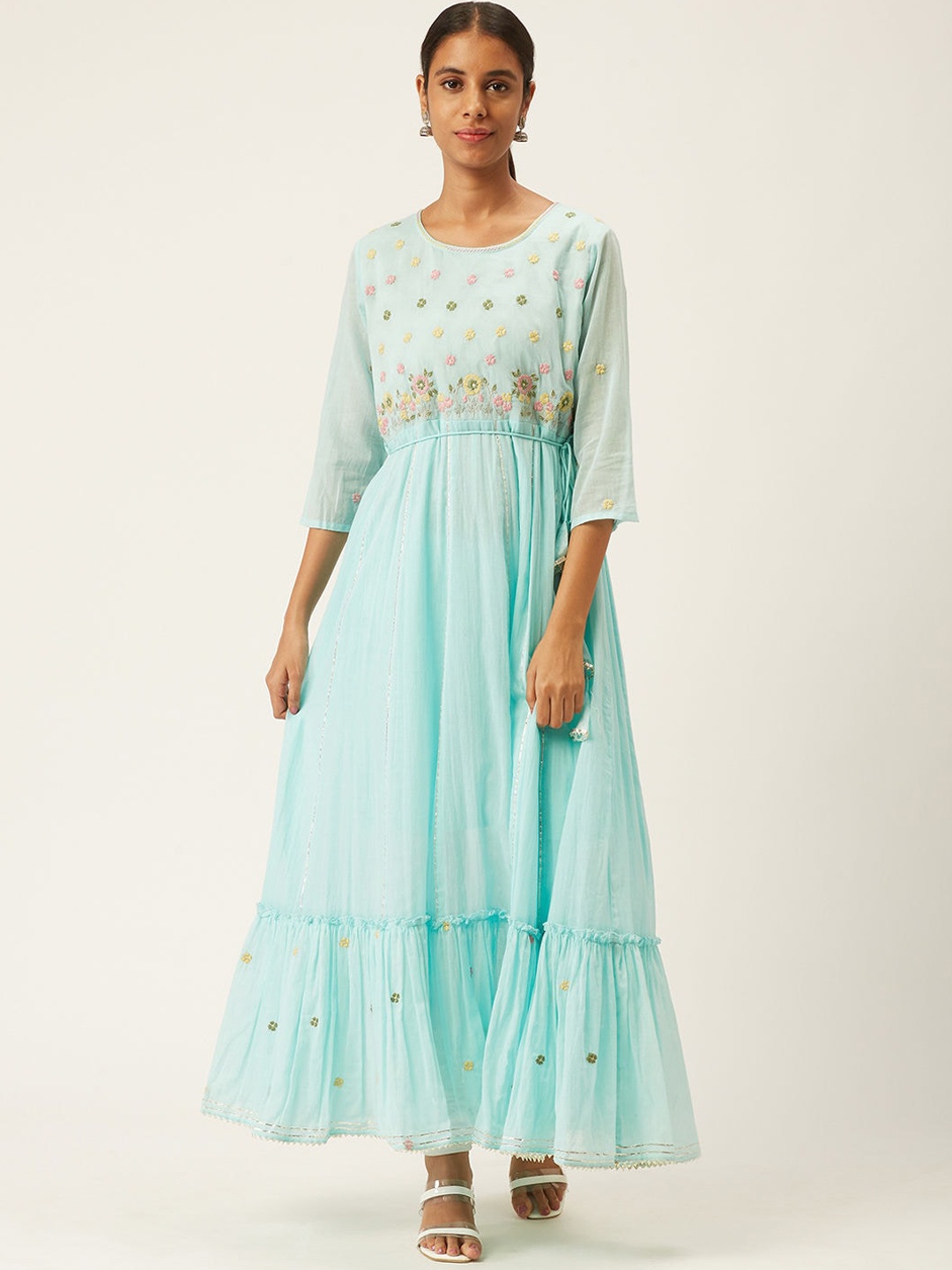 

ZOLA Women Blue Embroidered Flared Sleeves Mirror Work Anarkali Kurta