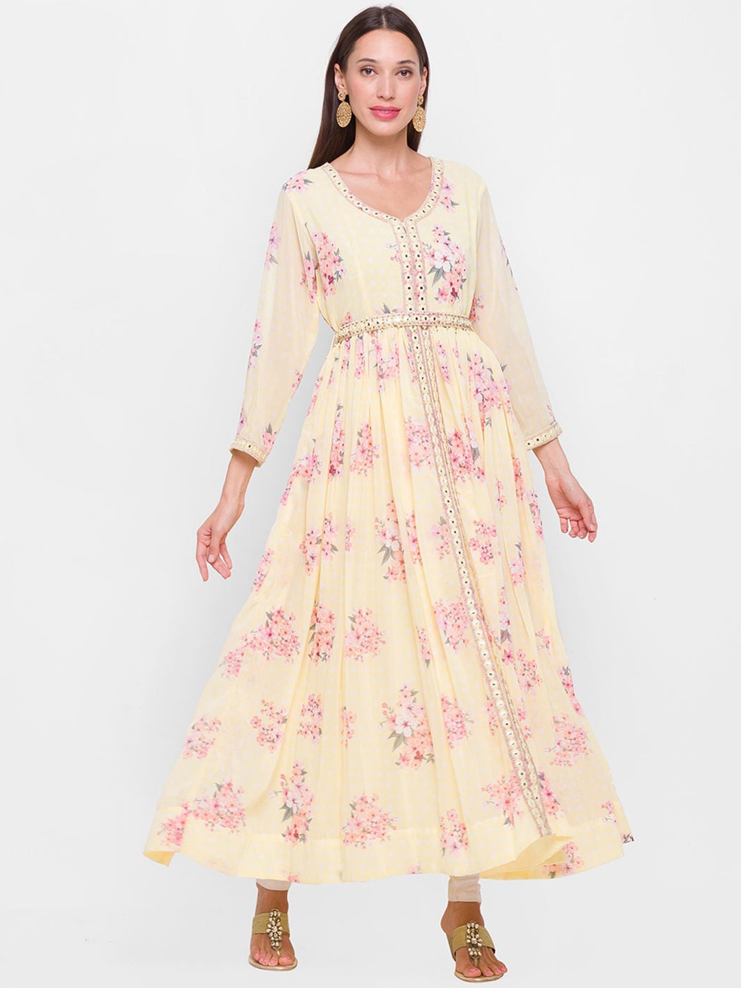 

ZOLA Women Yellow Floral Printed Mirror Work Georgette Anarkali Kurta