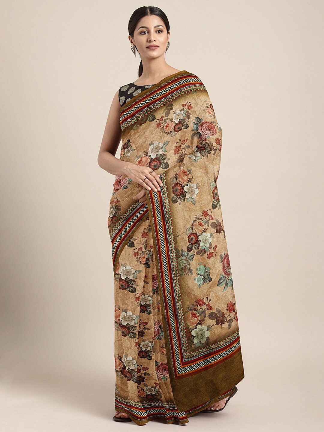 

Shaily Brown & Green Floral Printed Silk Blend Saree