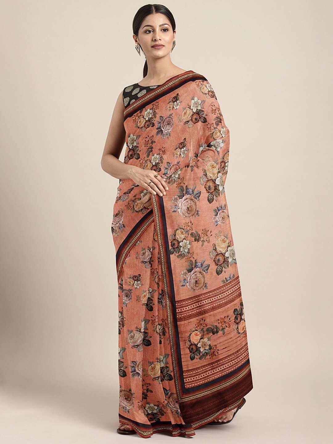 

Shaily Peach-Coloured & Black Floral Printed Silk Blend Saree