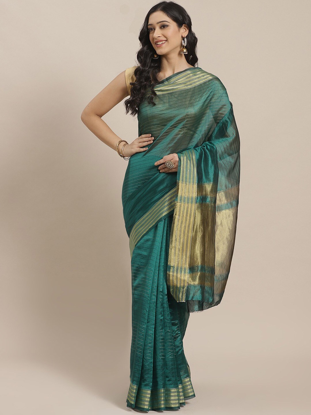 

Shaily Teal & Gold-Toned Striped Zari Silk Blend Kanjeevaram Saree