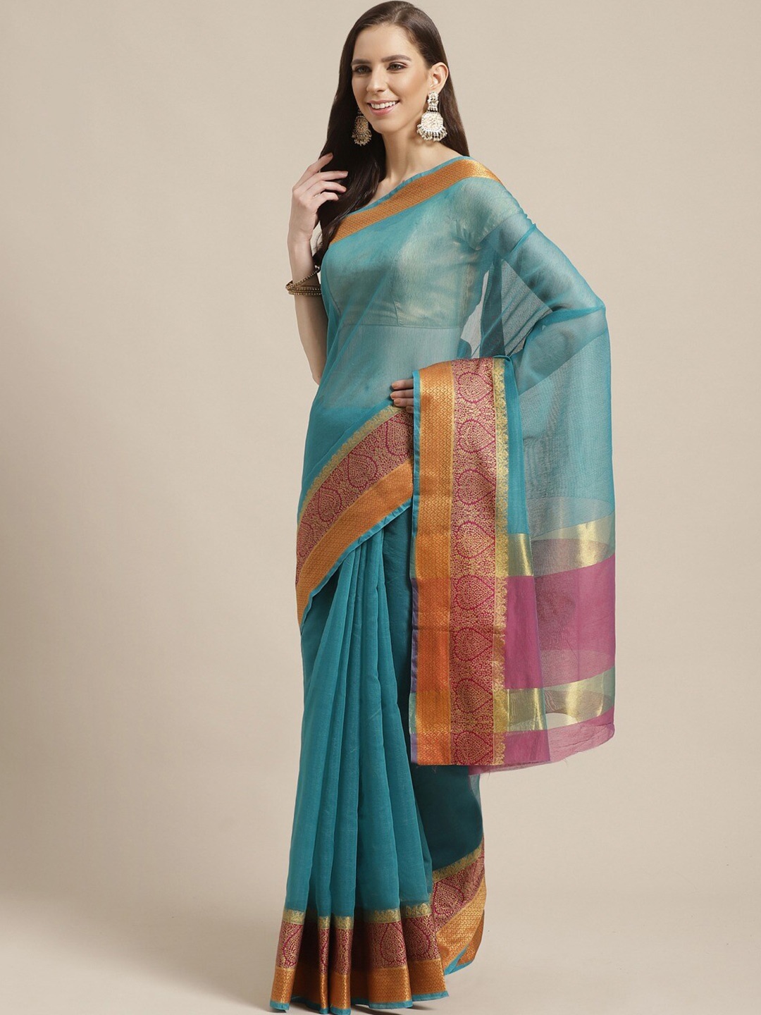 

Shaily Teal & Pink Zari Saree