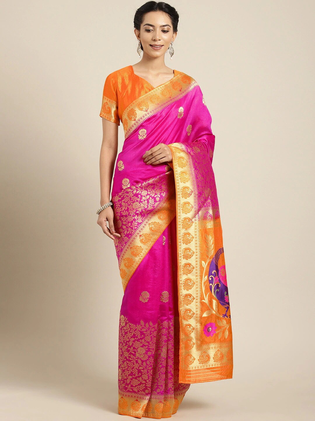 

Shaily Pink & Orange Floral Zari Silk Cotton Kanjeevaram Saree